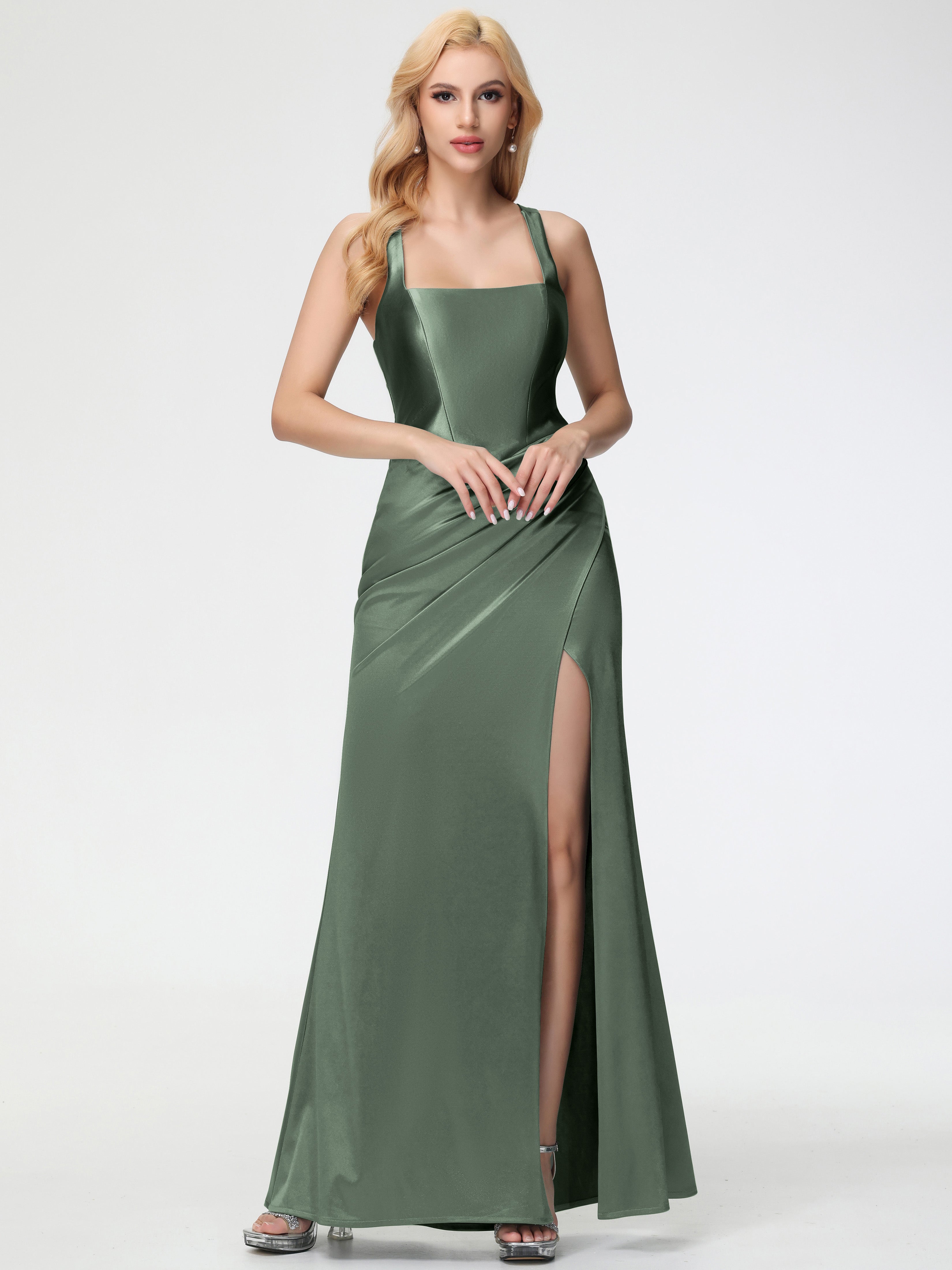 Olive Green Satin Prom Dresses Square Neckline Pleats Stretch Satin Pr