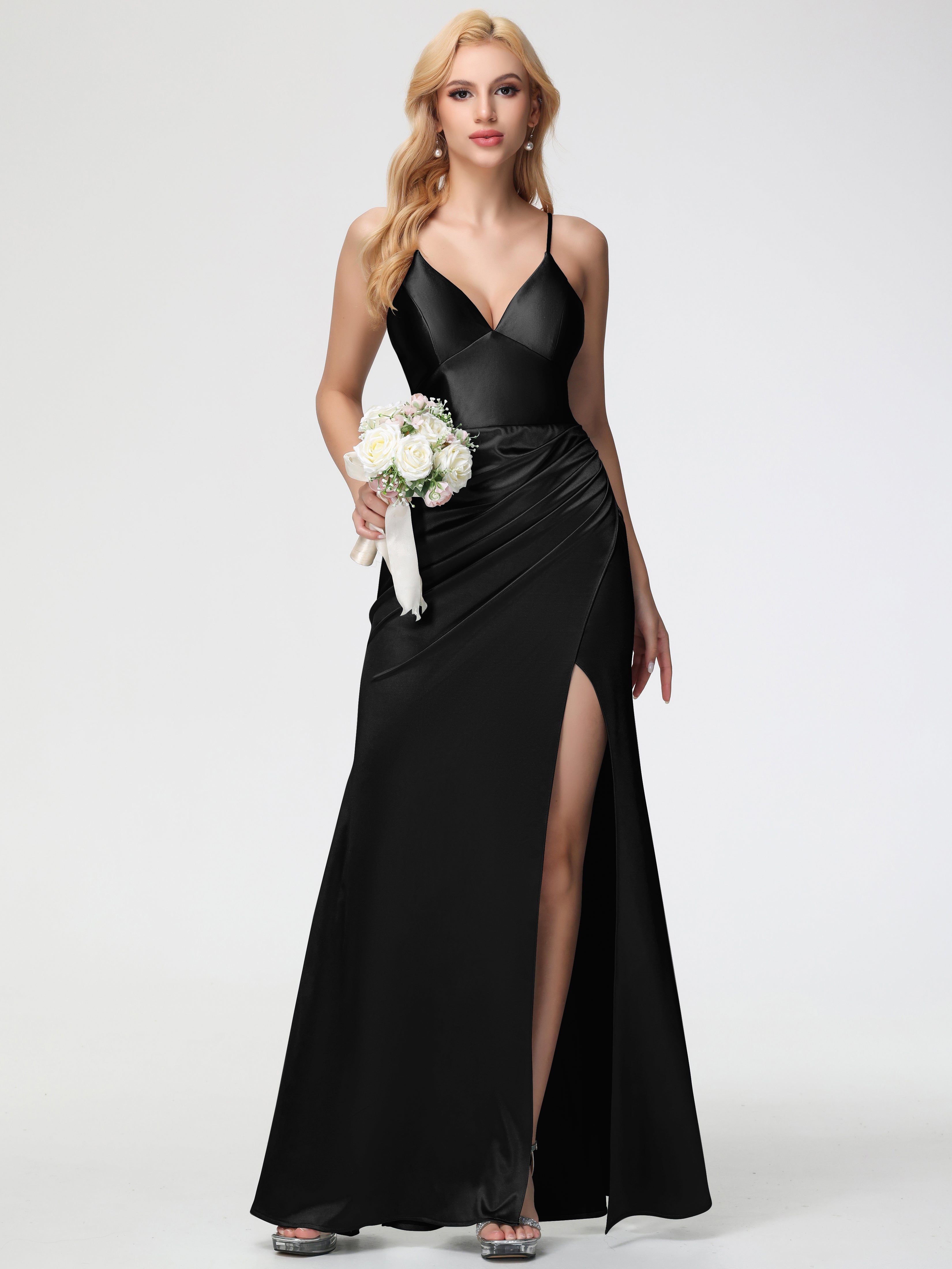 Stretch Satin Black Prom Dresses Spaghetti Straps Pleats Stretch Satin