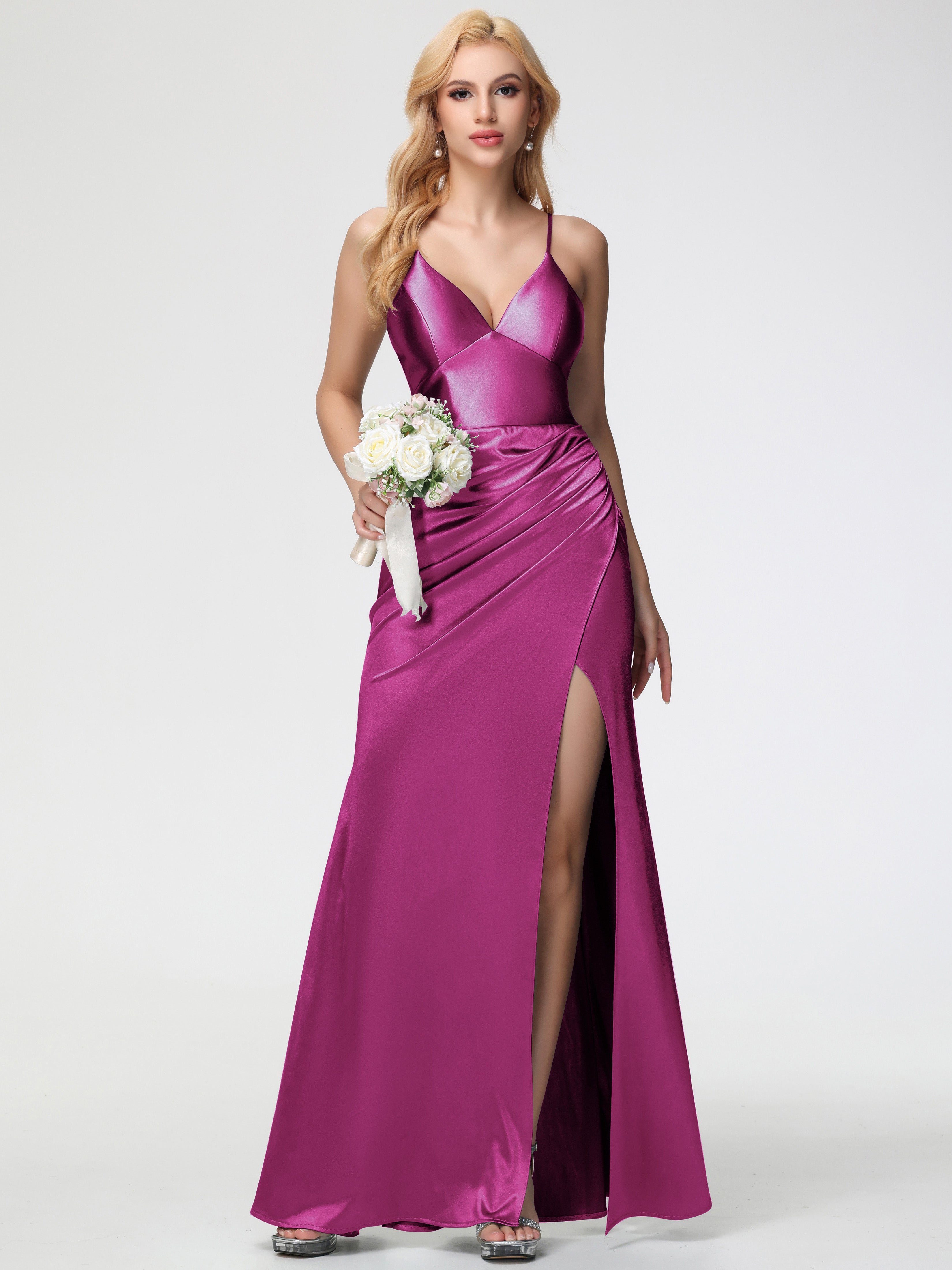 fuchsia bridesmaid dresses uk Satin Fuchsia Bridesmaid Dress Spaghetti Straps Pleats Stretch Satin B