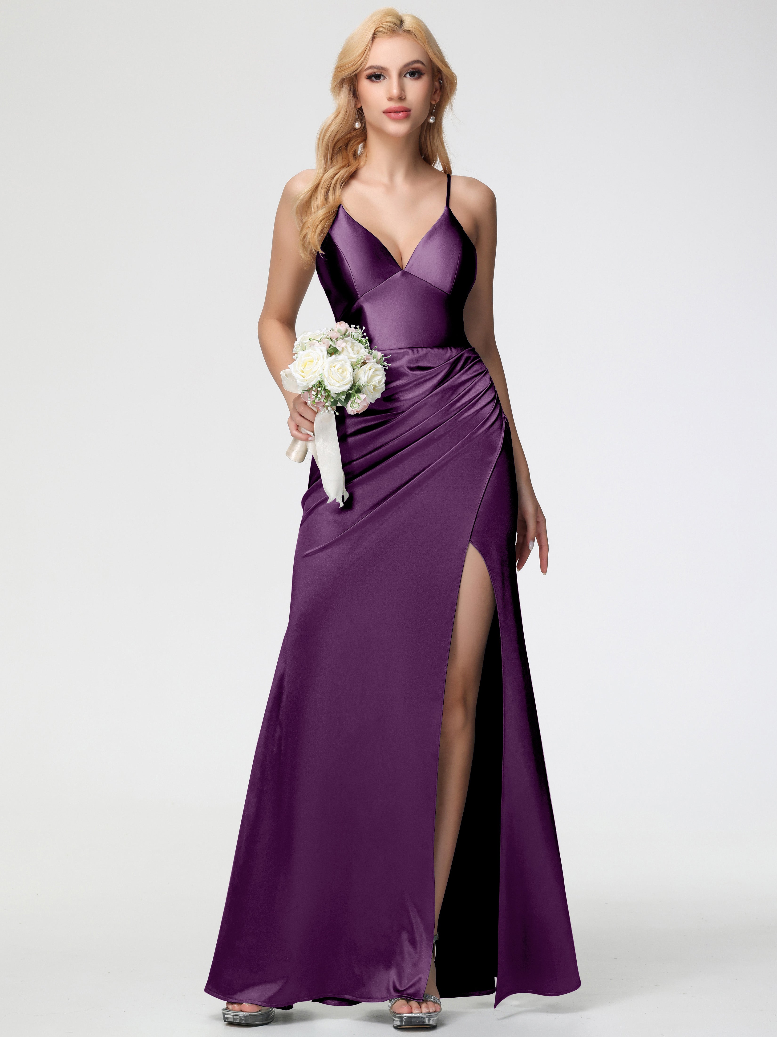 Grape Purple Bridesmaid Dresses Spaghetti Straps Pleats Stretch Satin Grape Purple Bridesmaid Dresses Spaghetti Straps Pleats Stretch Satin