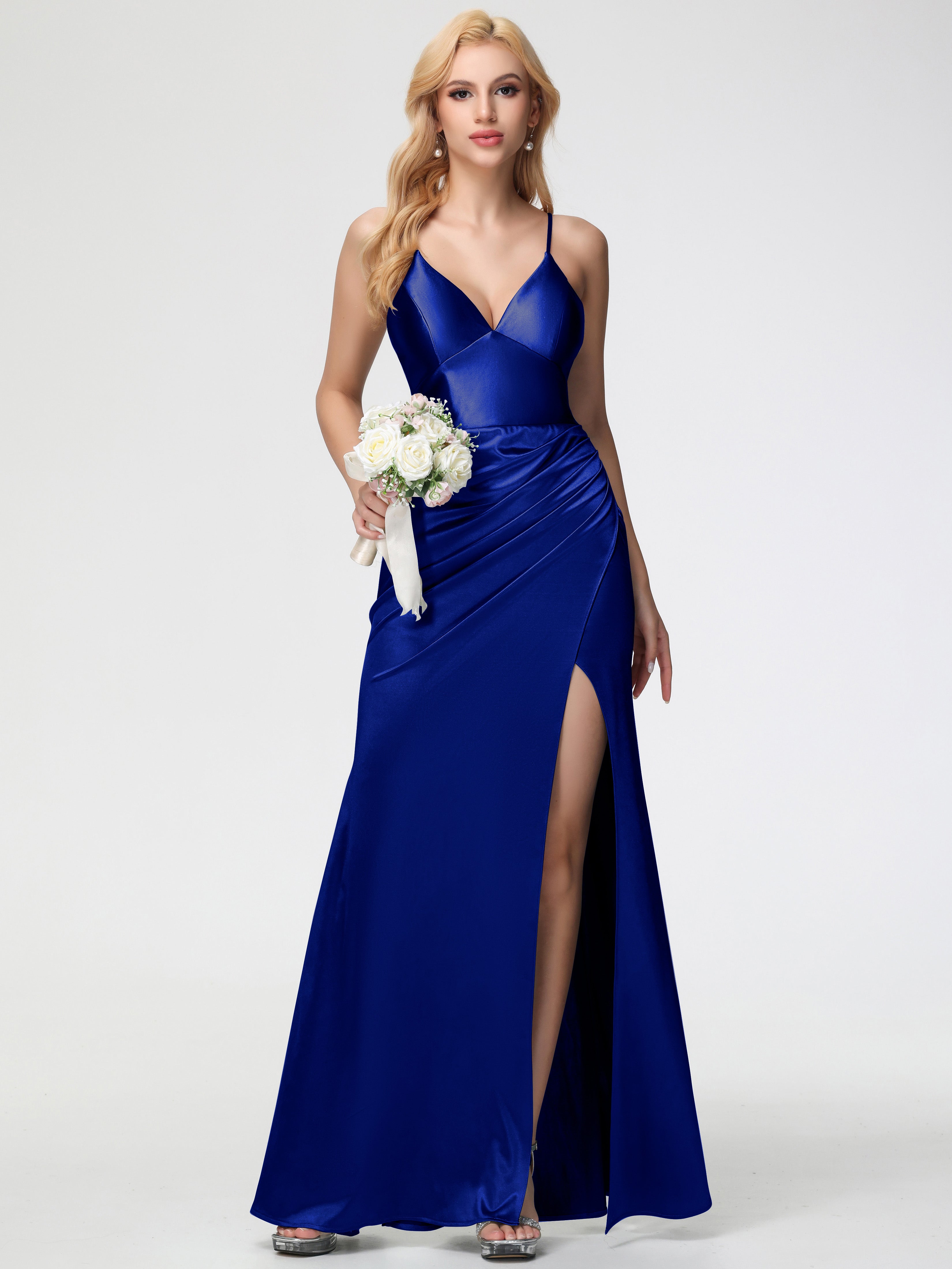 Royal Blue Satin Prom Dress Spaghetti Straps Pleats Stretch Satin Prom Royal Blue Satin Prom Dress Spaghetti Straps Pleats Stretch Satin Prom
