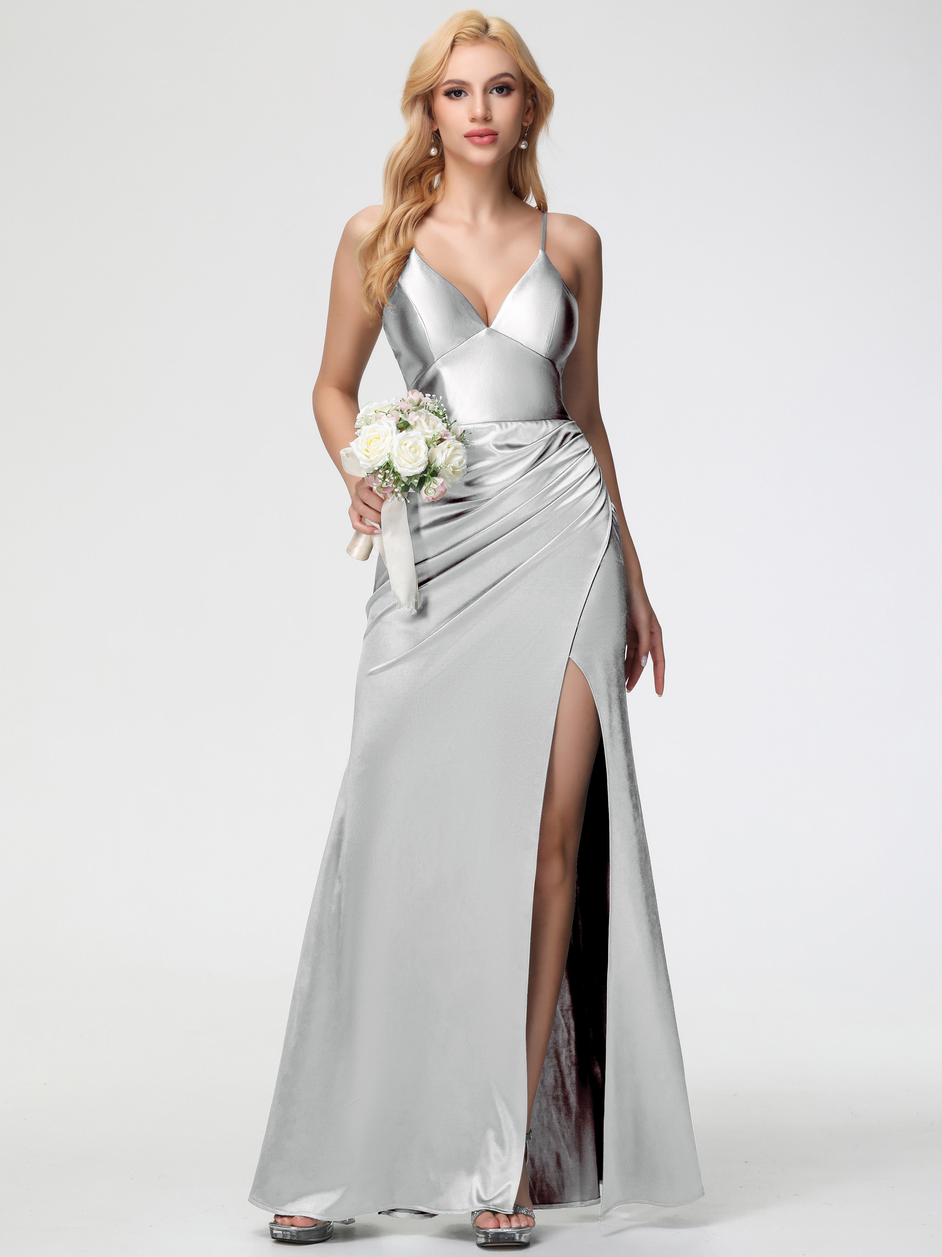 Silver Satin Bridesmaid Dress Spaghetti Straps Pleats Stretch Satin Br Silver Satin Bridesmaid Dress Spaghetti Straps Pleats Stretch Satin Br