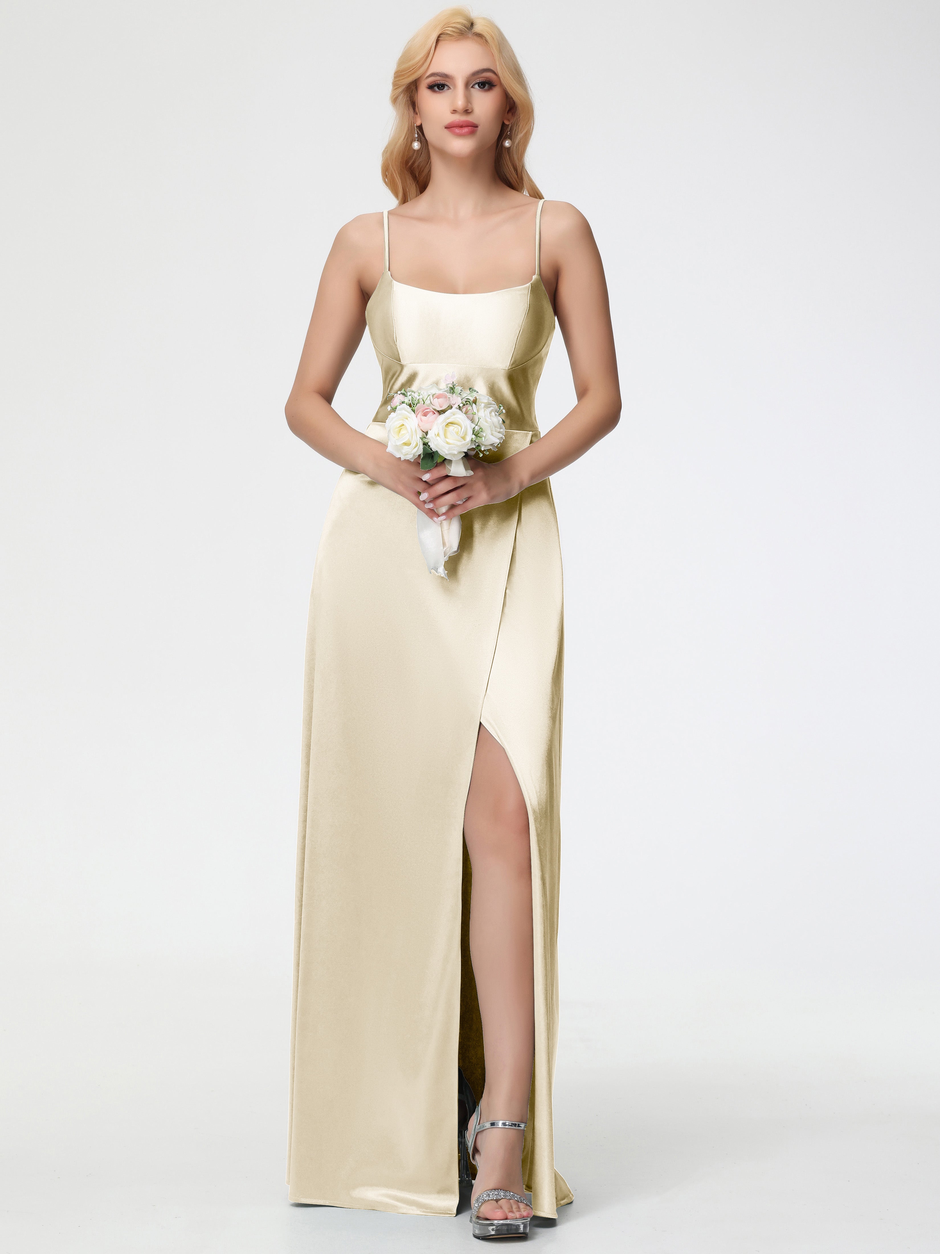 Champagne Satin Bridesmaid Dress Trumpet/Mermaid Square Neckline Sleev