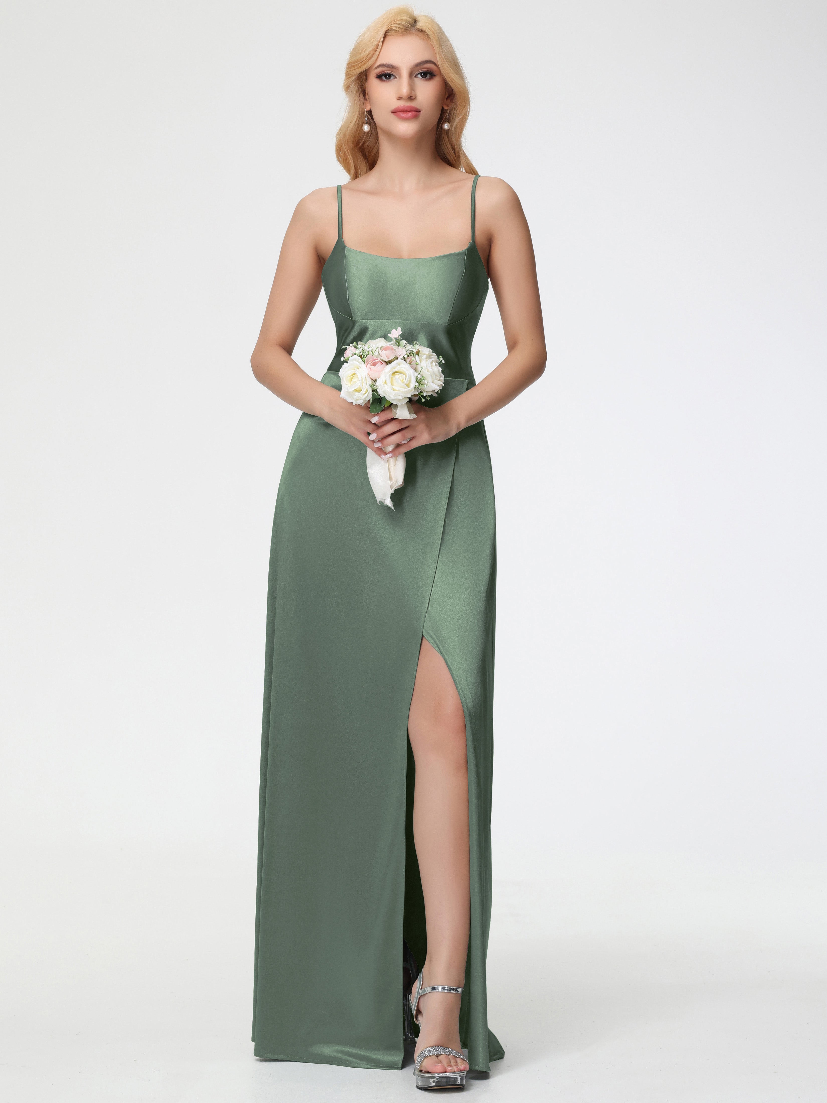 Olive Green Satin Bridesmaid Dresses Uk Trumpet/Mermaid Square Necklin