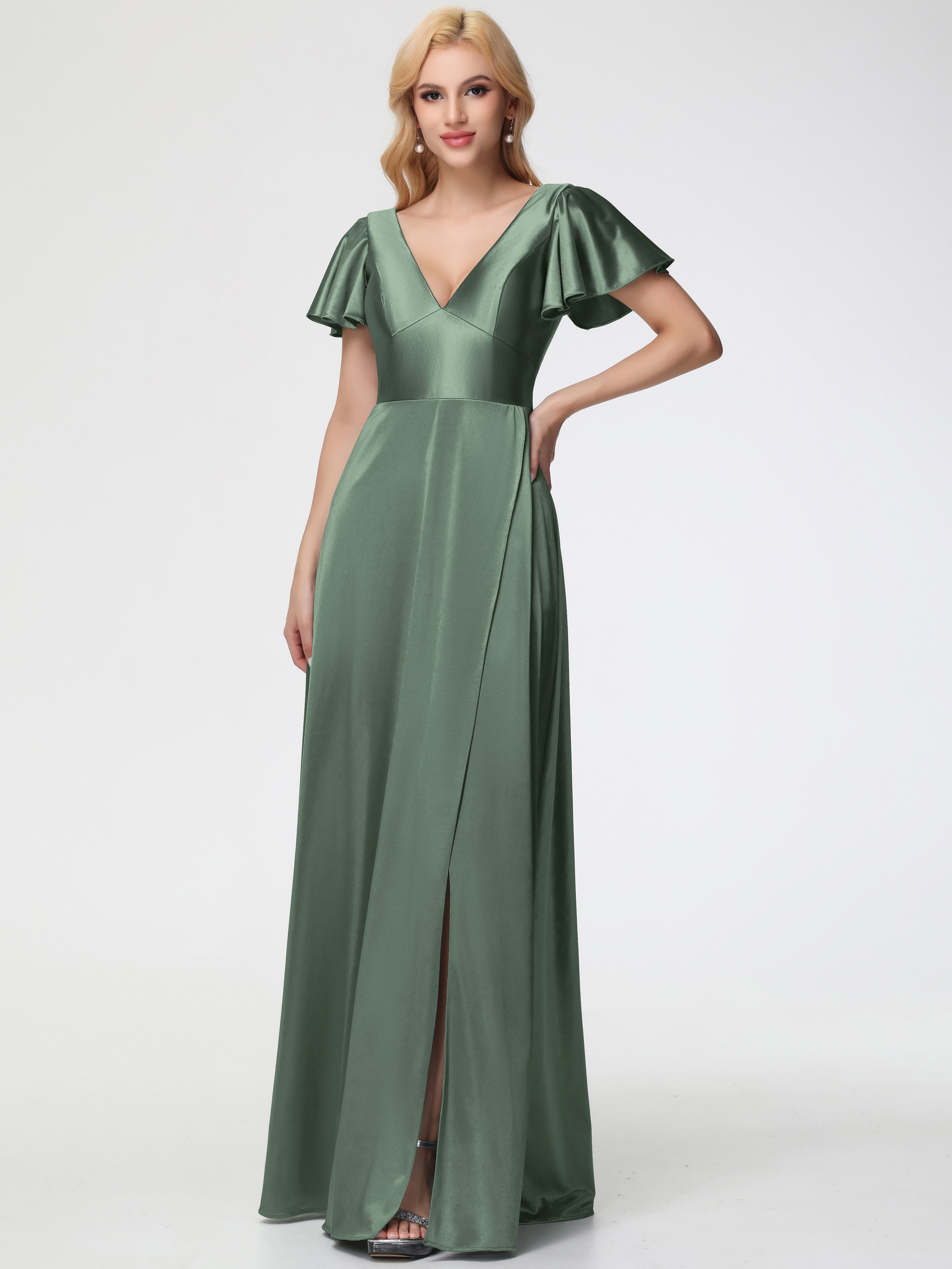 Olive Green Satin Bridesmaid Dress A-Line Short Sleeves V-Neck Stretch Olive Green Satin Bridesmaid Dress A-Line Short Sleeves V-Neck Stretch
