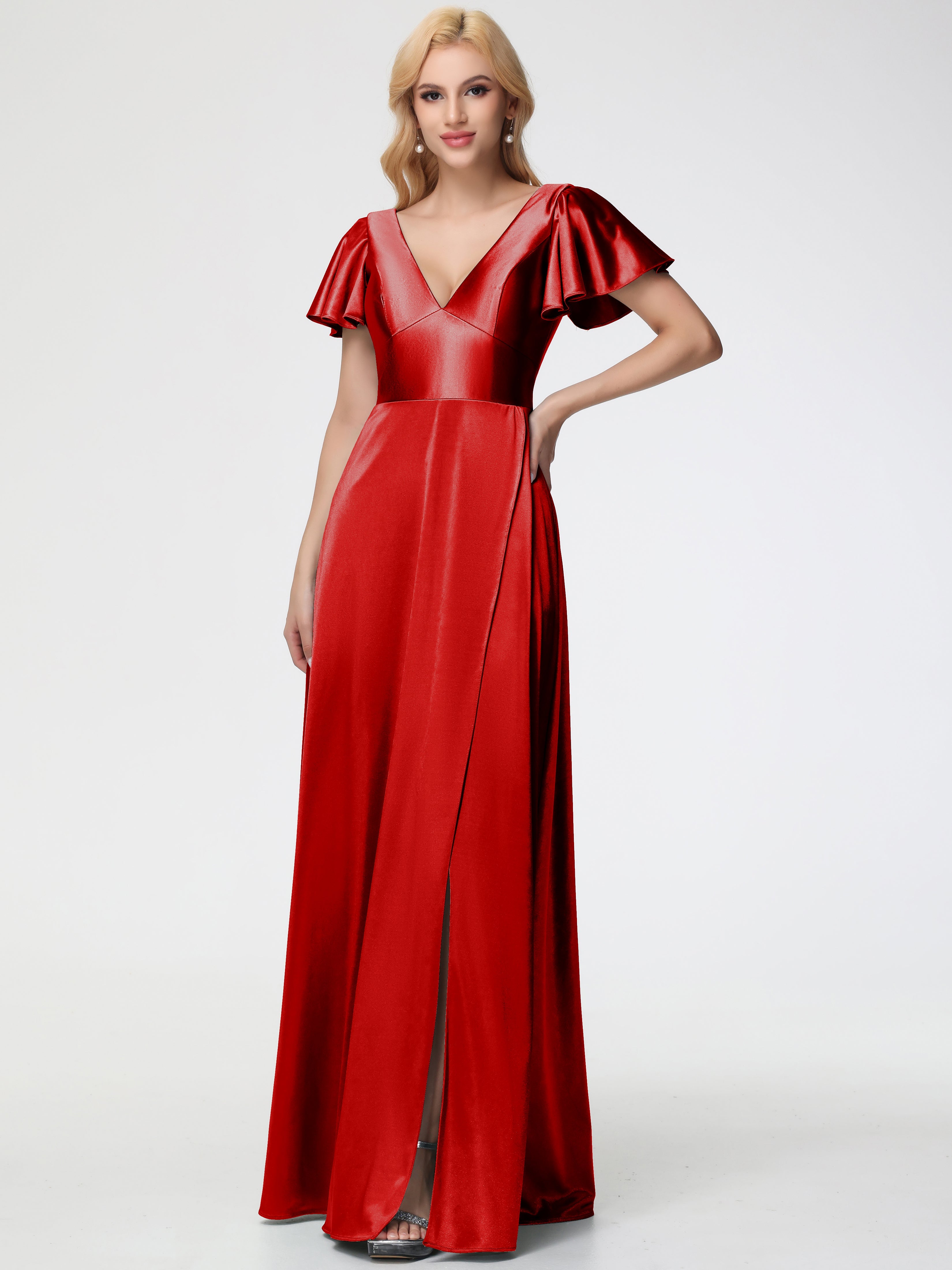 Red Satin Bridesmaid Dresses Uk A-Line Short Sleeves V-Neck Stretch Sa