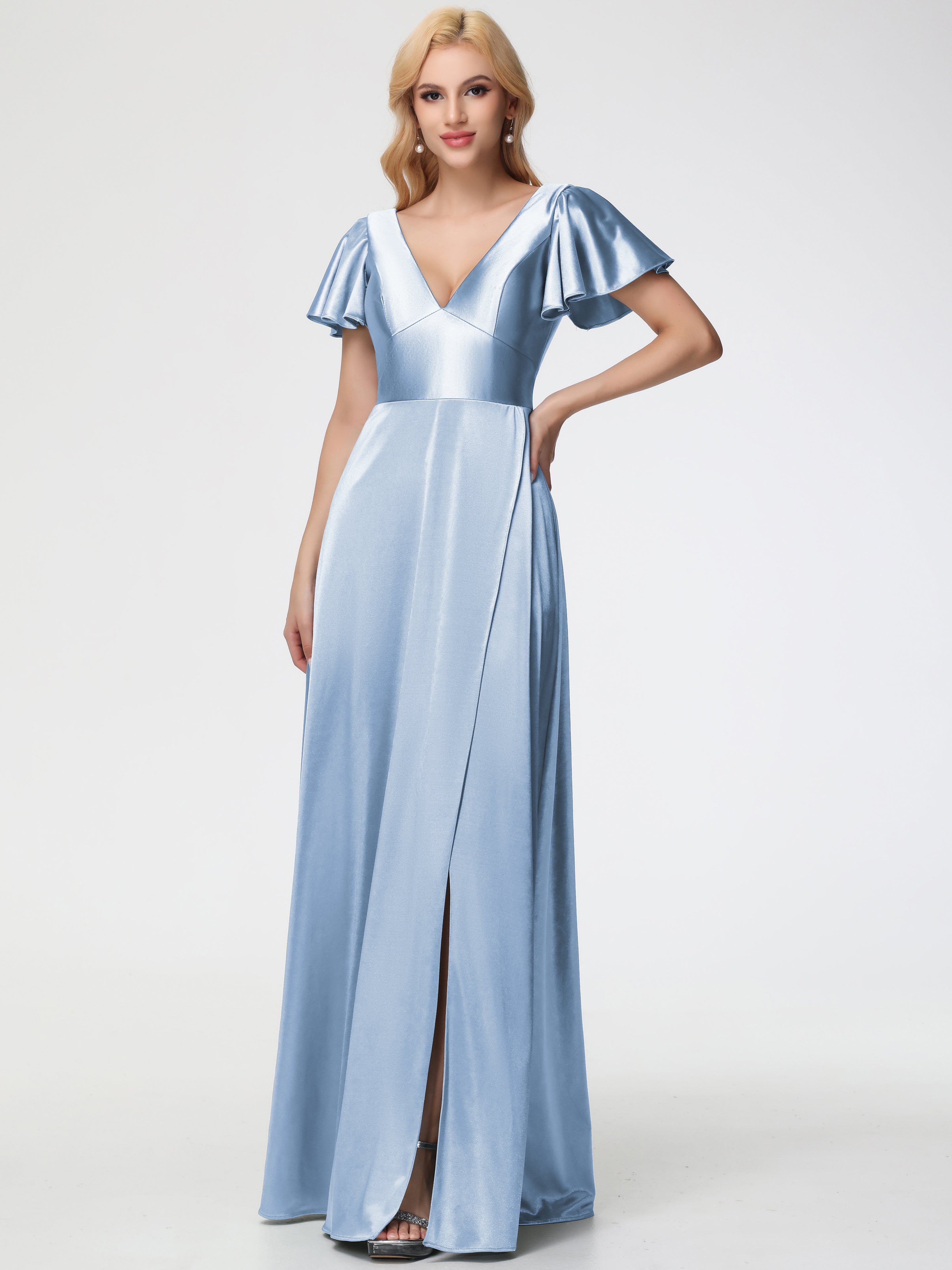 Sky Blue Prom Dresses Uk A-Line Short Sleeves V-Neck Stretch Satin Pro