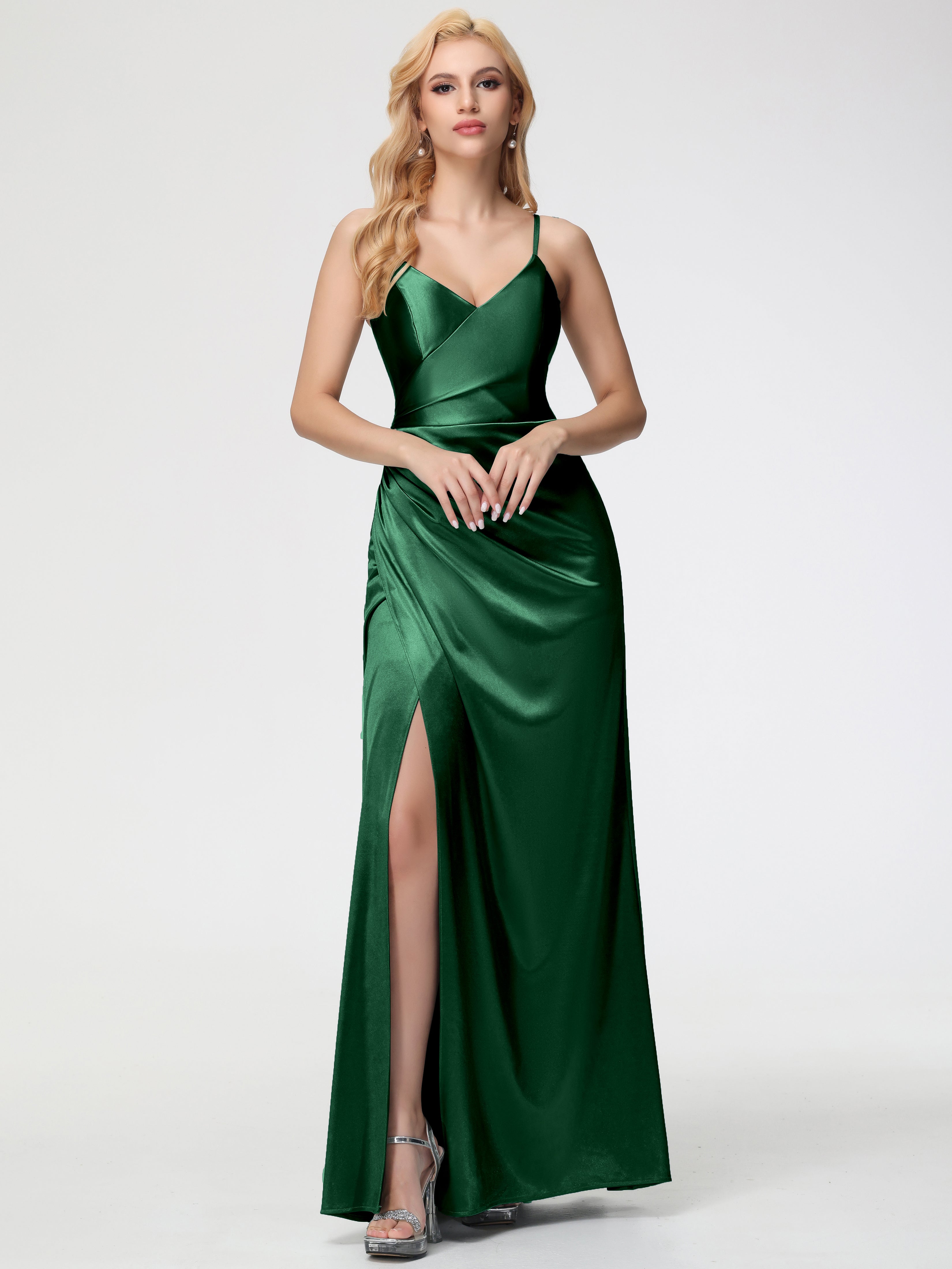 Prom Dresses Dark Green V-Neck Spaghetti Straps Pleats Split Long Stretch Satin Prom Dresses Prom Dresses Dark Green V-Neck Spaghetti Straps Pleats Split Long Stretch Satin Prom Dresses