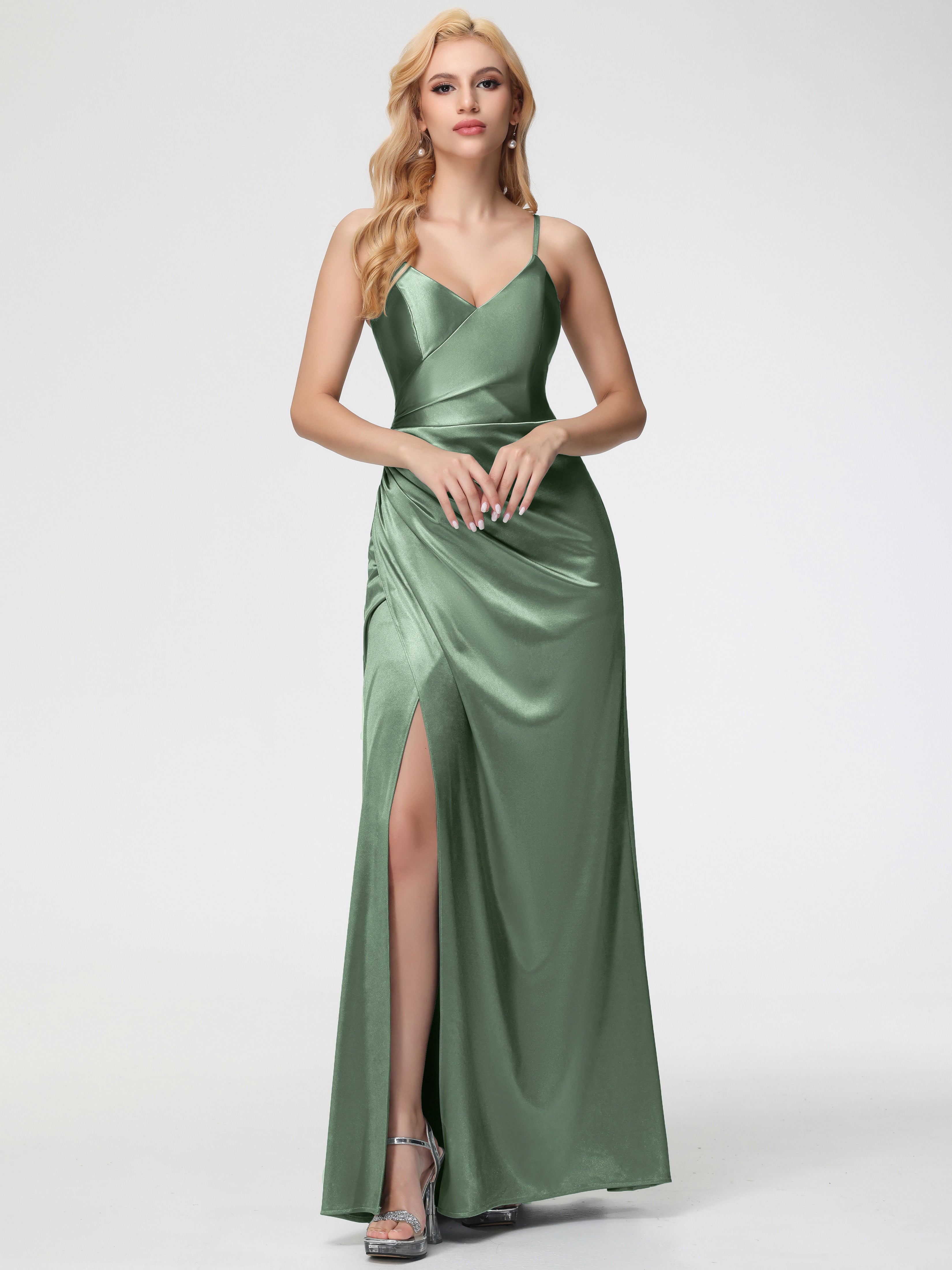 Dusty Sage Green Prom Dresses V-Neck Spaghetti Straps Pleats Split Long Stretch Satin Prom Dresses Dusty Sage Green Prom Dresses V-Neck Spaghetti Straps Pleats Split Long Stretch Satin Prom Dresses
