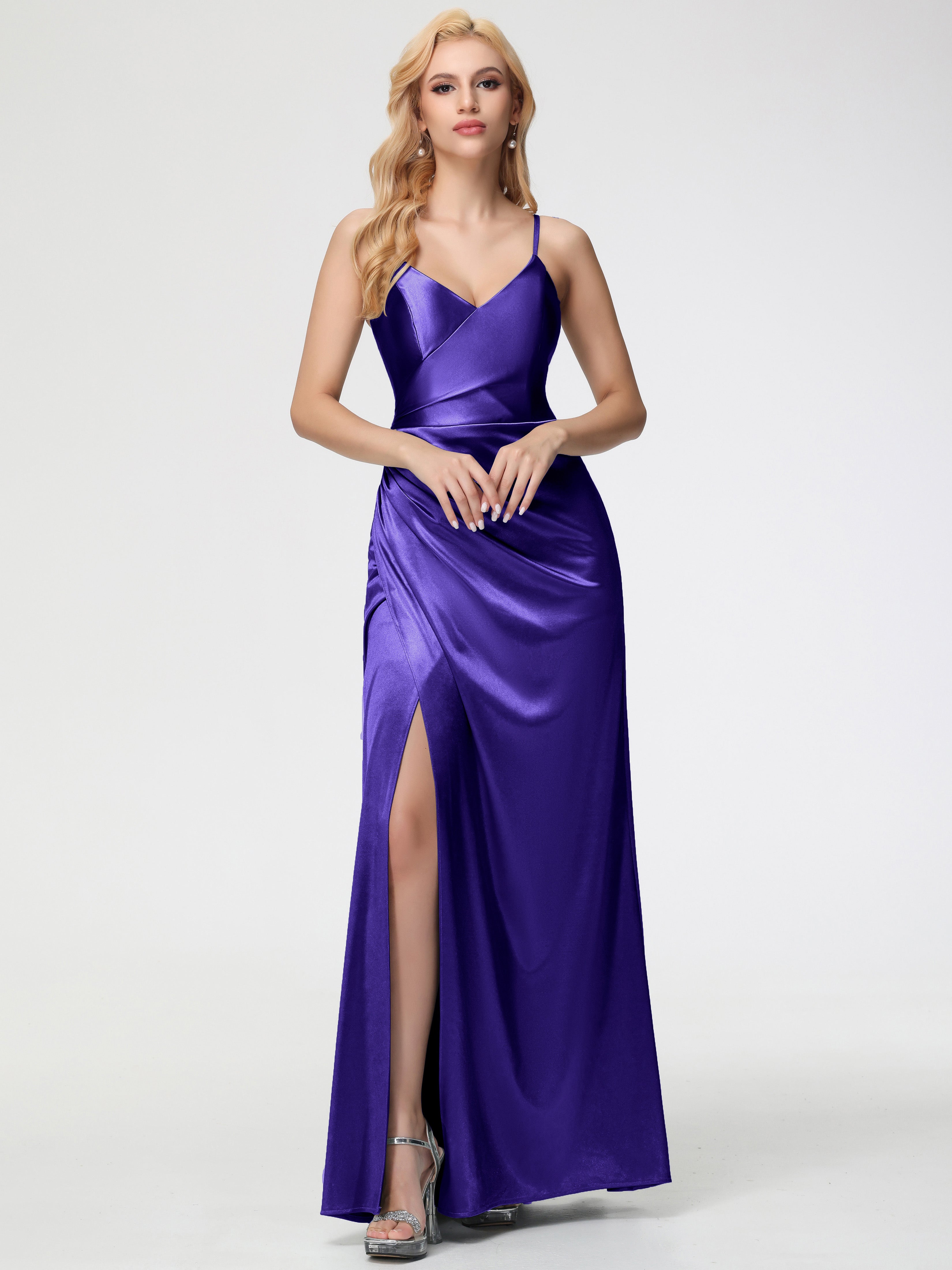 Prom Dresses Regency Purple V-Neck Spaghetti Straps Pleats Split Long Prom Dresses Regency Purple V-Neck Spaghetti Straps Pleats Split Long