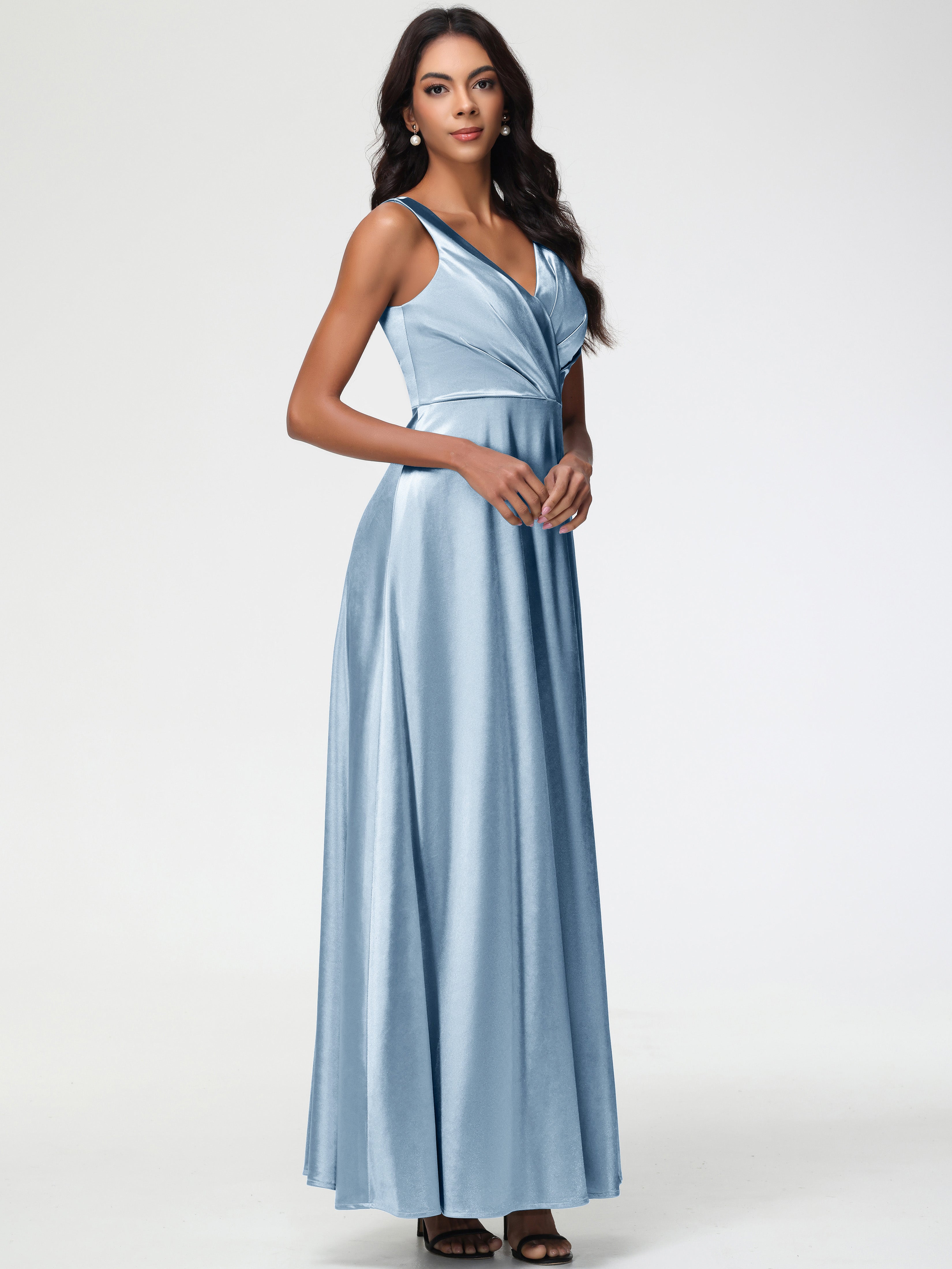Dusty Blue Prom Dresses UK Sleeveless Stretch Satin V-Neck Floor Lengt