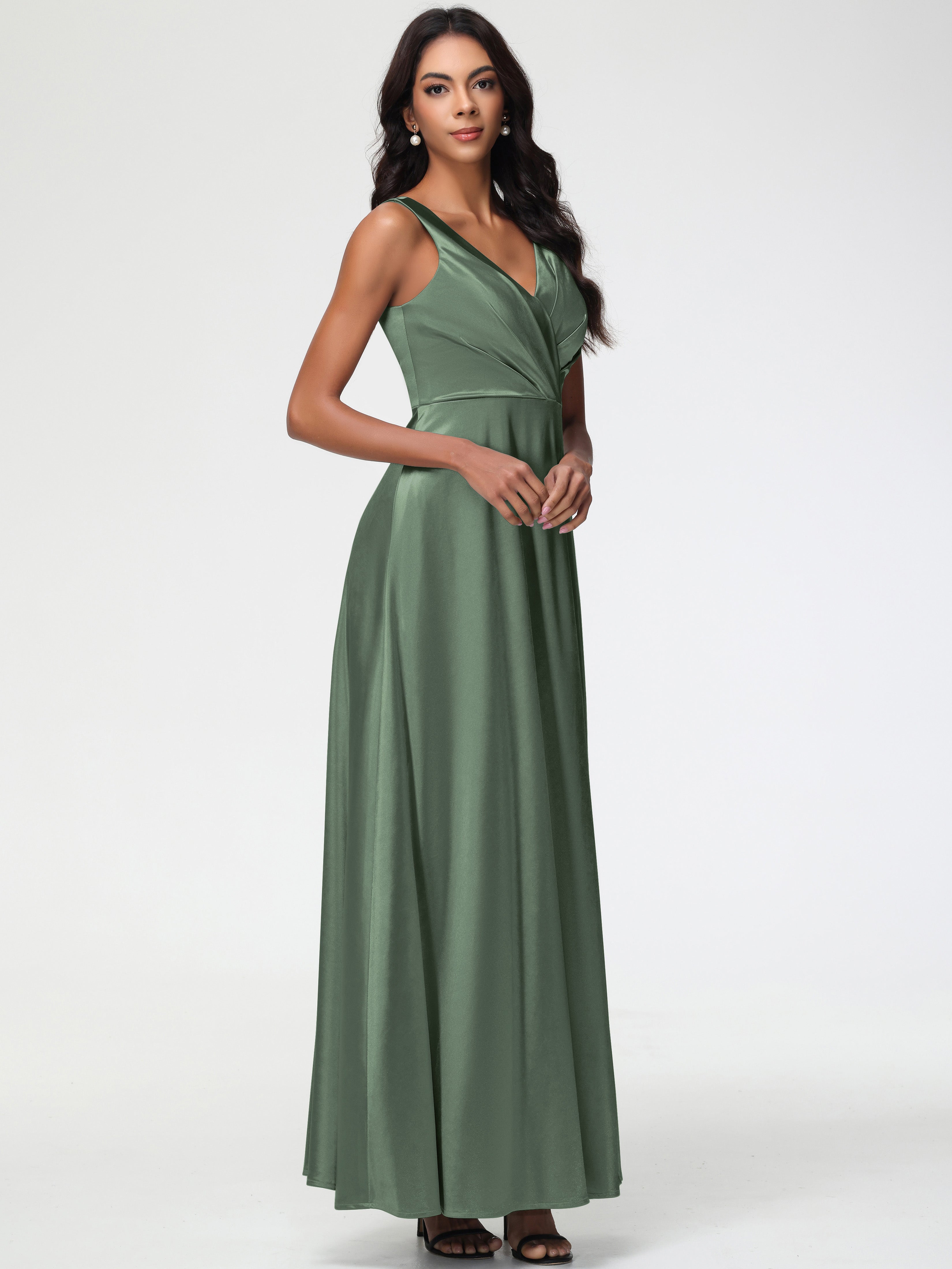 Olive Green Prom Dresses Satin Sleeveless Stretch Satin V-Neck Floor L