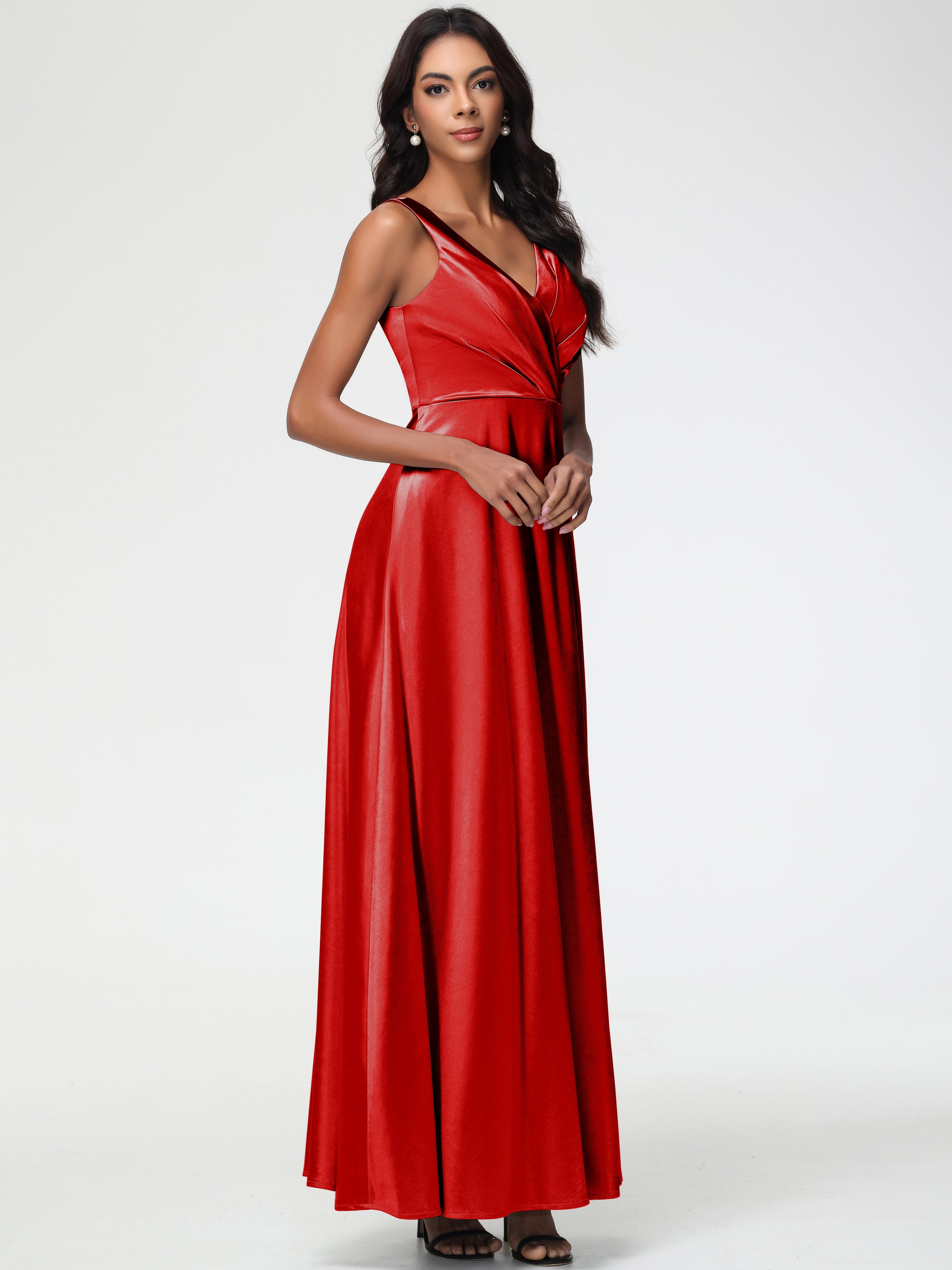 Red Prom Dresses UK Sleeveless Stretch Satin V-Neck Floor Length A Line Long Stretch Satin Prom Dresses Red Prom Dresses UK Sleeveless Stretch Satin V-Neck Floor Length A Line Long Stretch Satin Prom Dresses