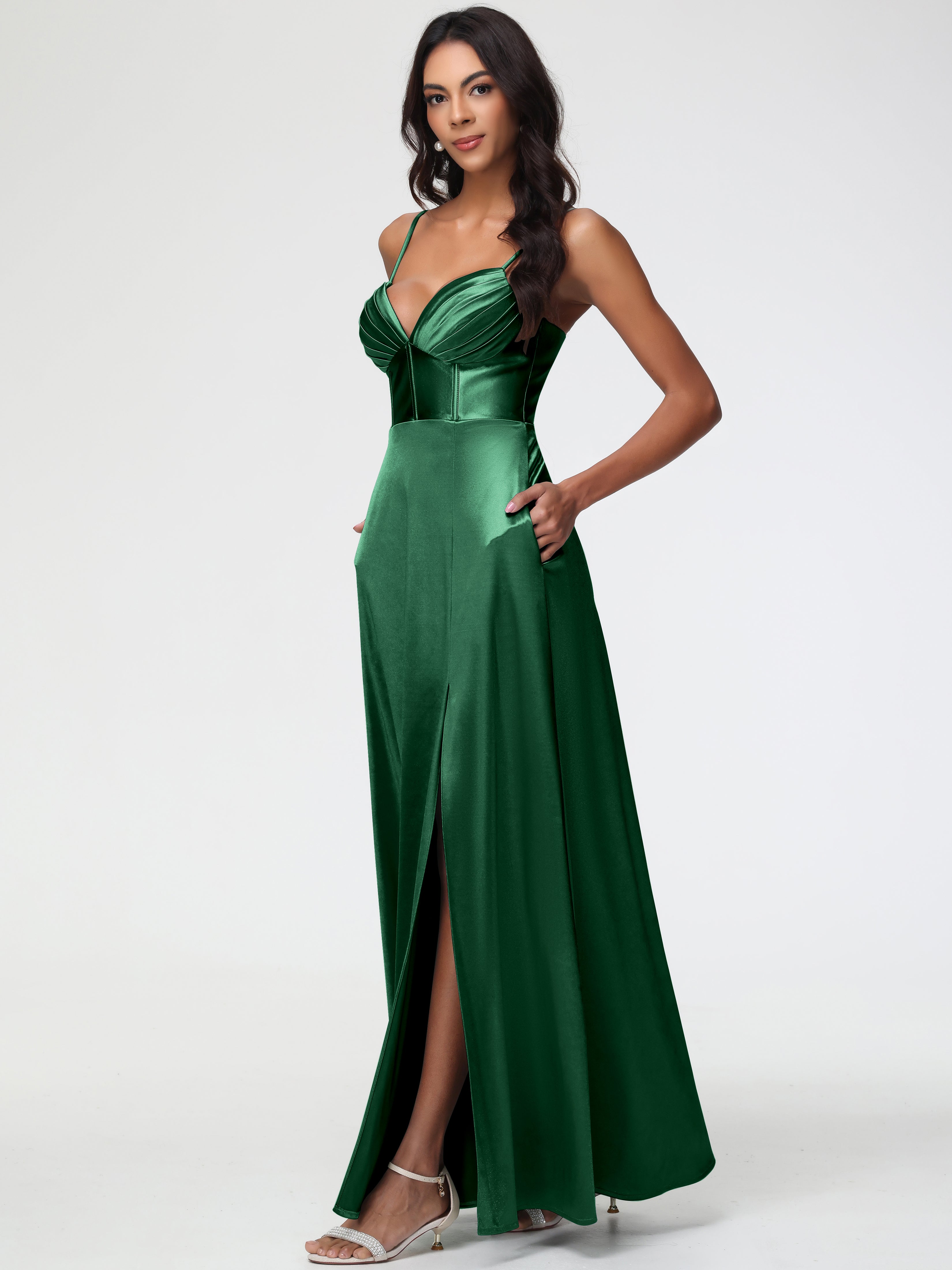 Dark Green Dresses For Prom Simple Spaghetti Straps Elegant V-Neck Flo
