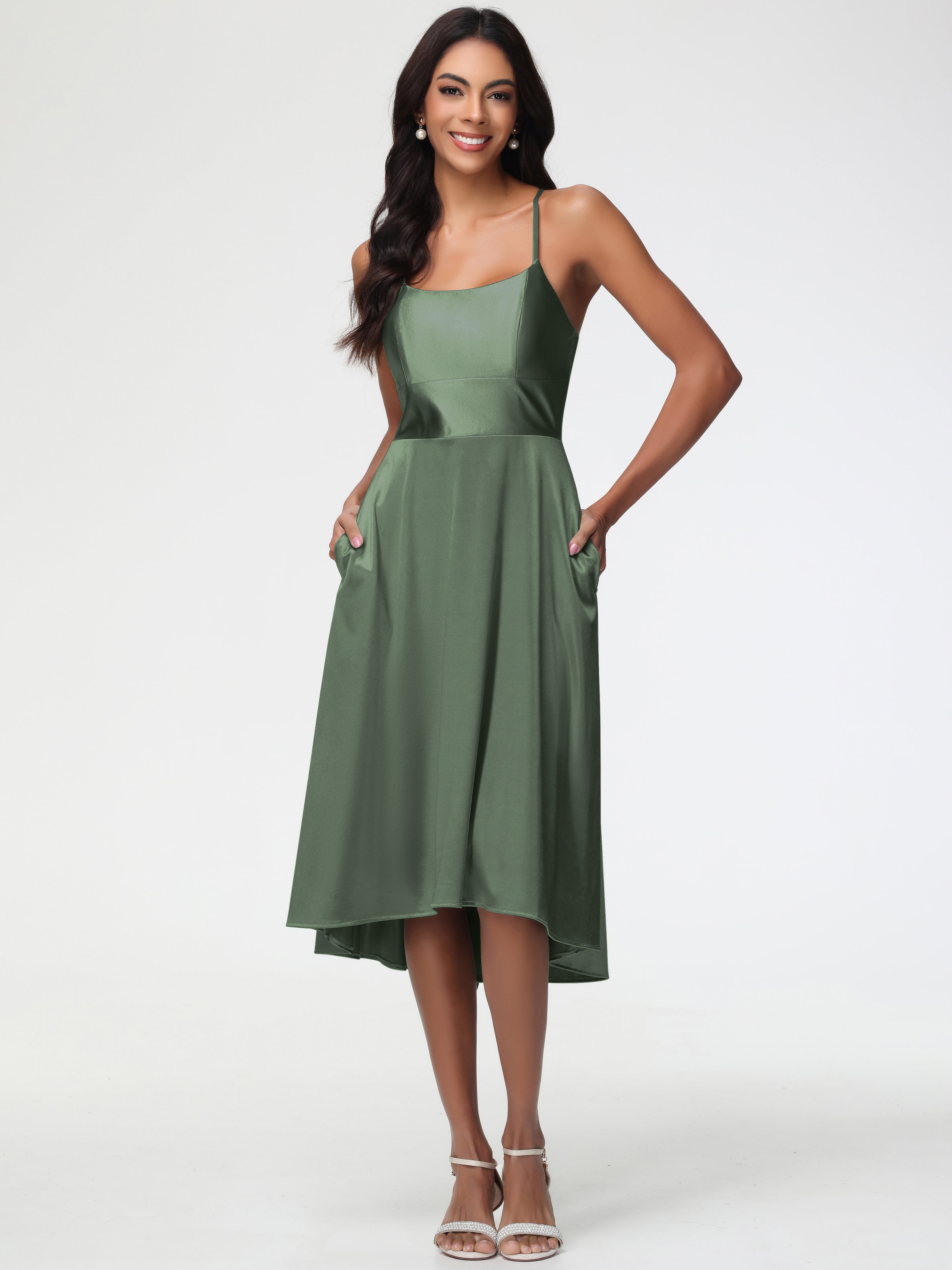 Olive Green Midi Prom Dress Minimalist A Line Spaghetti Straps Sleevel