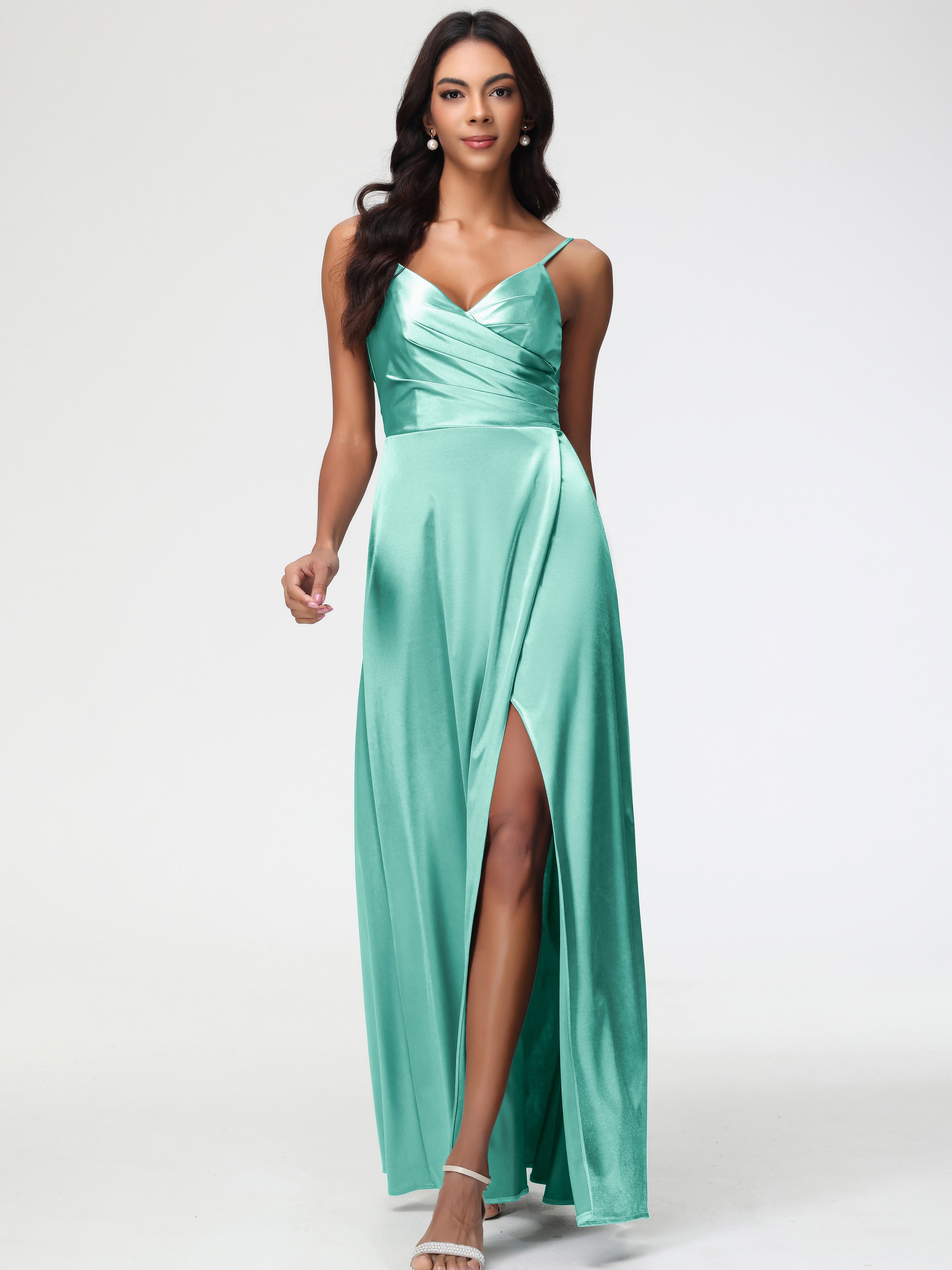 Mint Green Bridesmaid Dress UK Spaghetti Straps Pleated Sleeveless V-N Mint Green Bridesmaid Dress UK Spaghetti Straps Pleated Sleeveless V-N