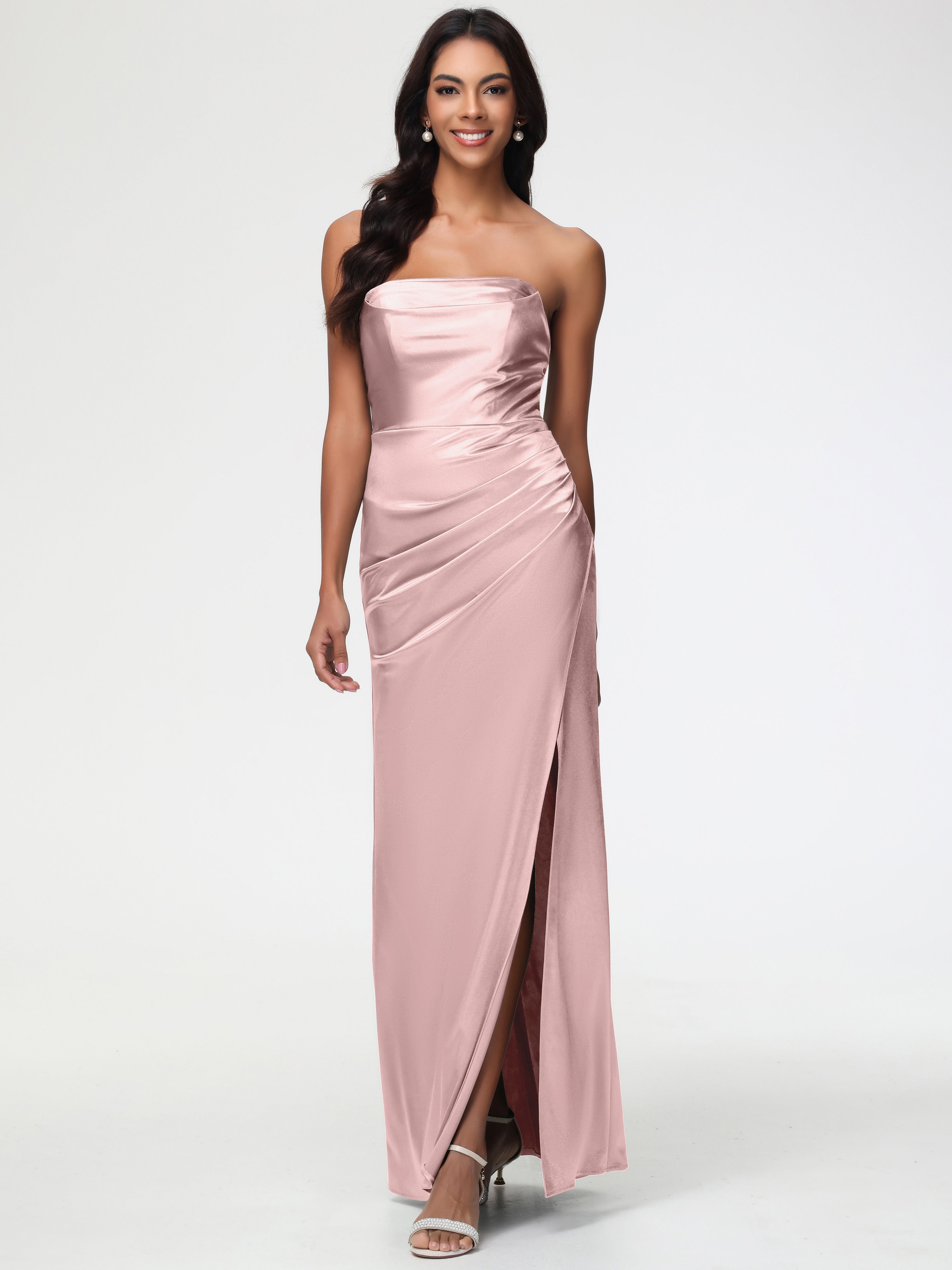 Dusty Rose Colour Prom Dresses Strapless Sheath/Column Pleats Stretch