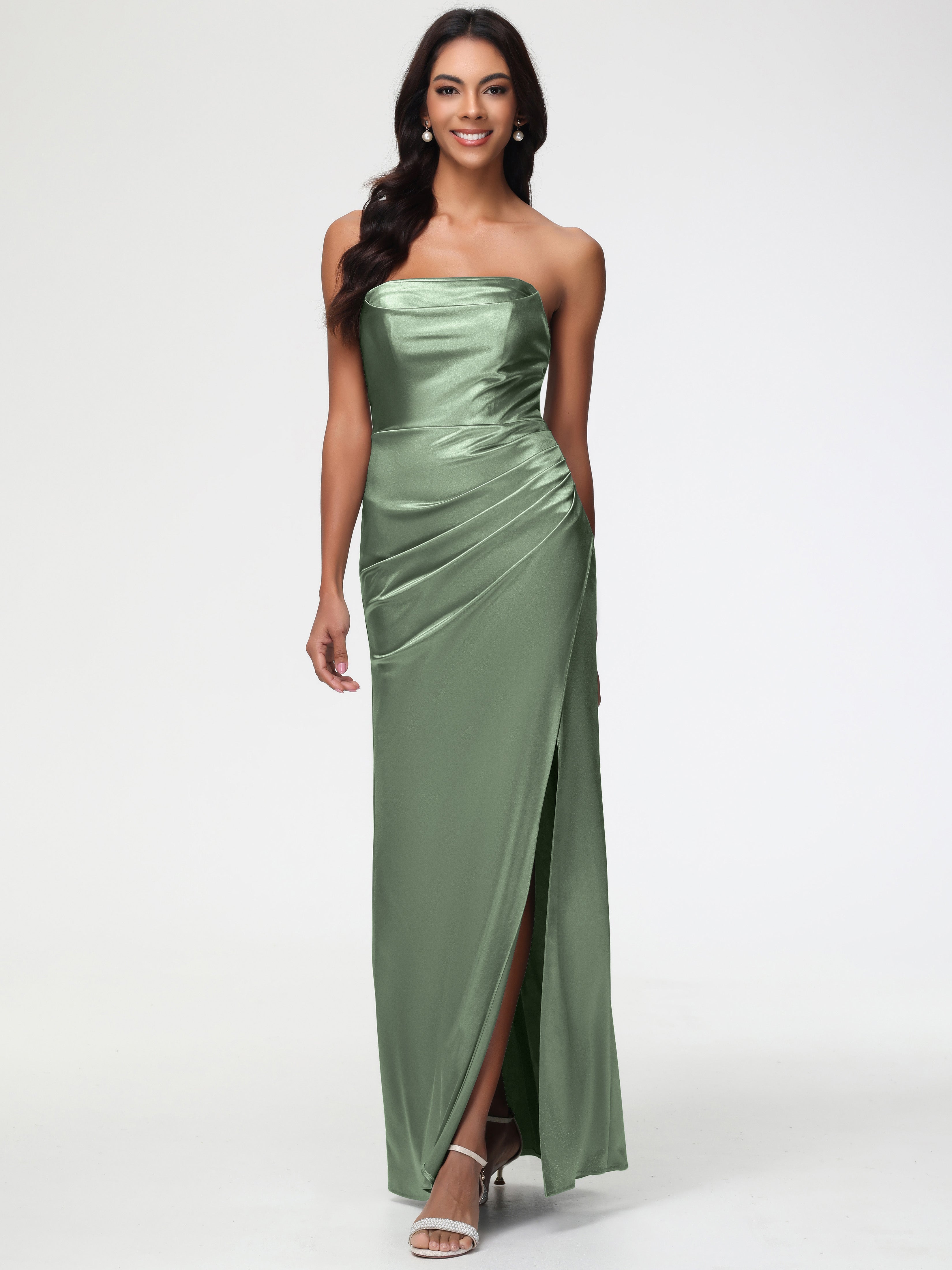 Dusty Sage Bridesmaid Dresses Near Me Strapless Sheath/Column Pleats S