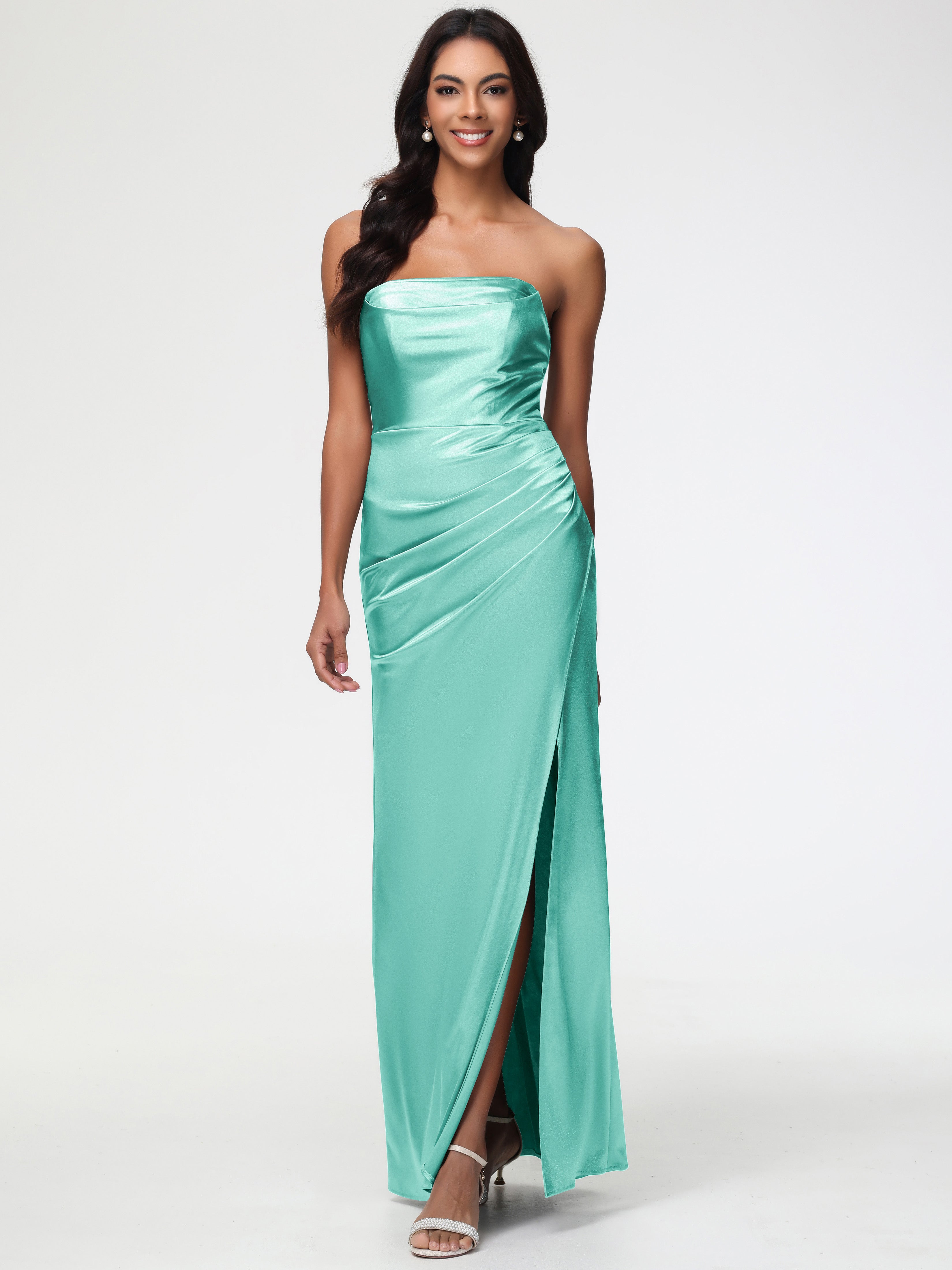 Mint Green Color Bridesmaid Dress Strapless Sheath/Column Pleats Stret