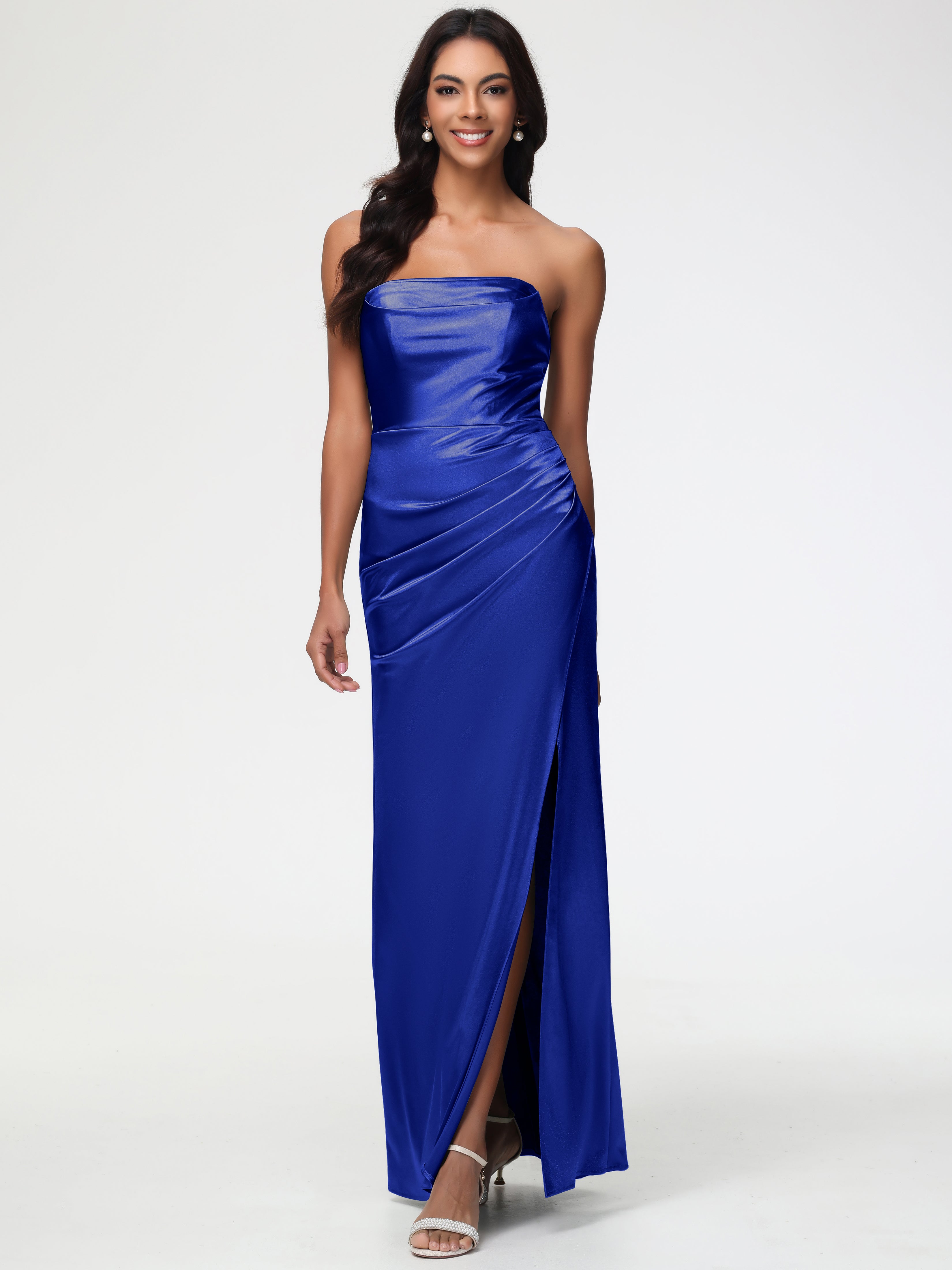 Royal Blue Wedding Prom Dresses Strapless Sheath/Column Pleats Stretch Satin Prom Dress With Slit Royal Blue Wedding Prom Dresses Strapless Sheath/Column Pleats Stretch Satin Prom Dress With Slit