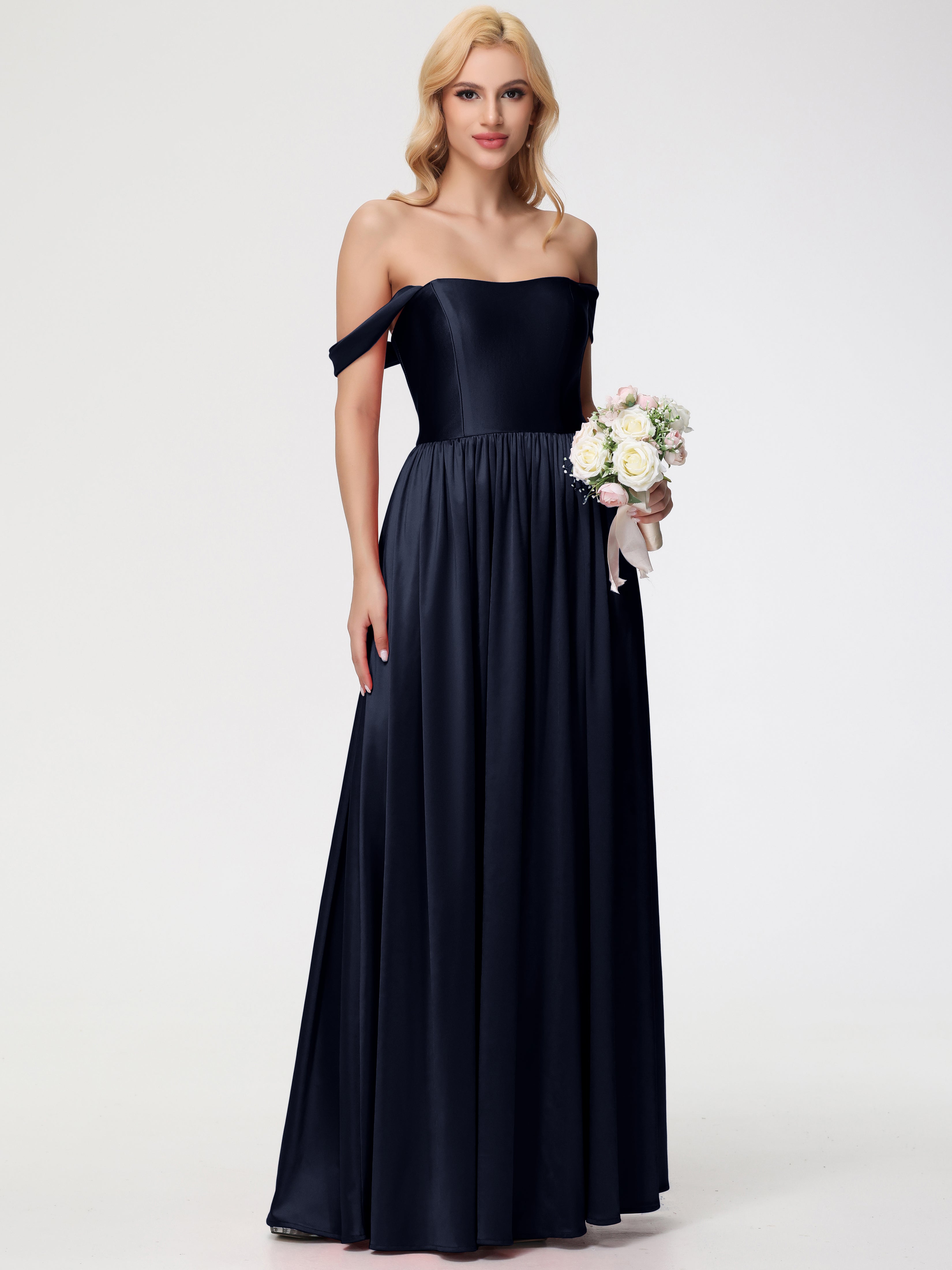 Navy Bridesmaid Dresses Satin Off The Shoulder A-Line Strapless Long S