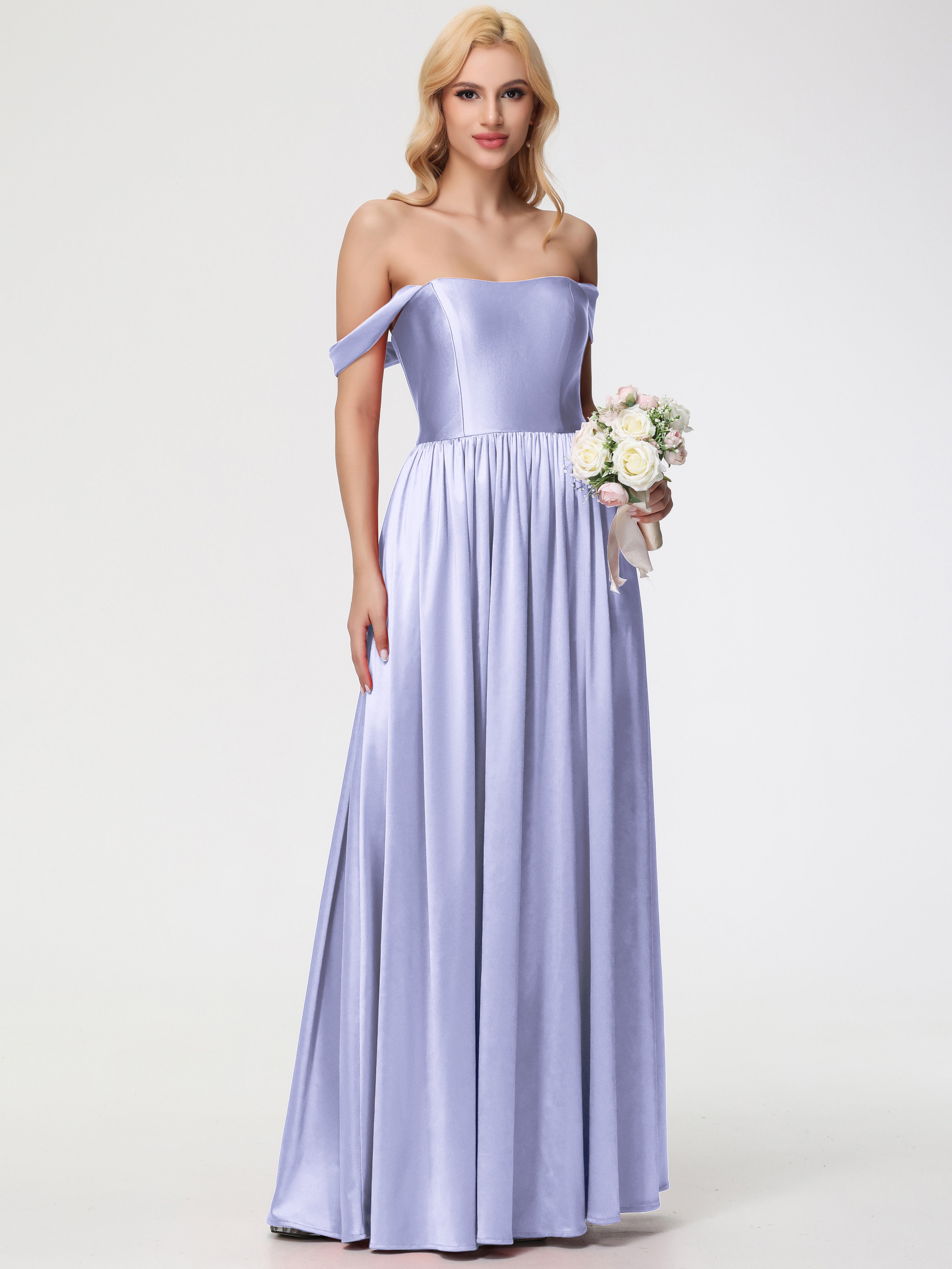 Satin Lavender Bridesmaid Dresses Off The Shoulder A-Line Strapless Lo Satin Lavender Bridesmaid Dresses Off The Shoulder A-Line Strapless Lo