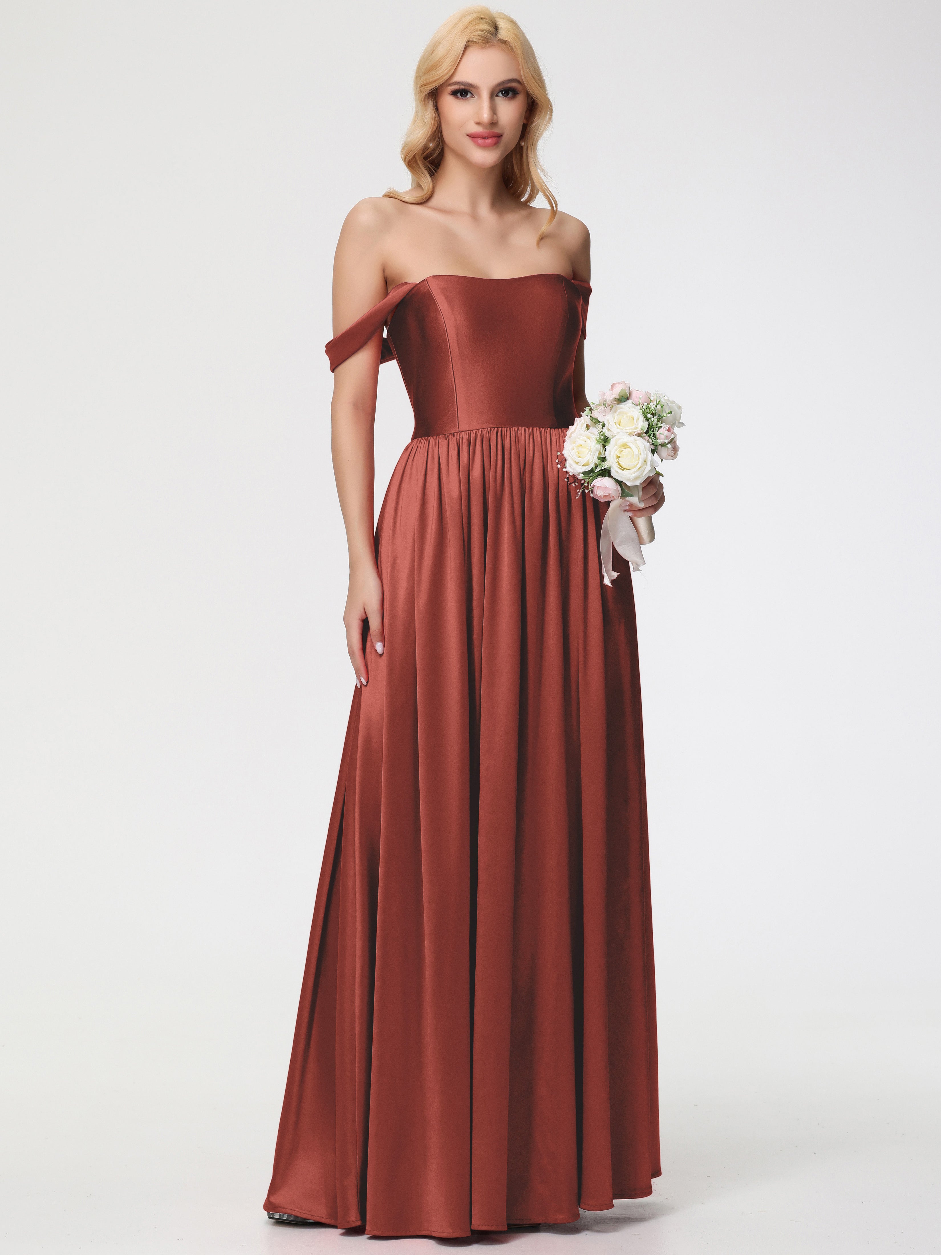 Satin Rust Orange Prom Dresses Off The Shoulder A-Line Strapless Long Satin Rust Orange Prom Dresses Off The Shoulder A-Line Strapless Long
