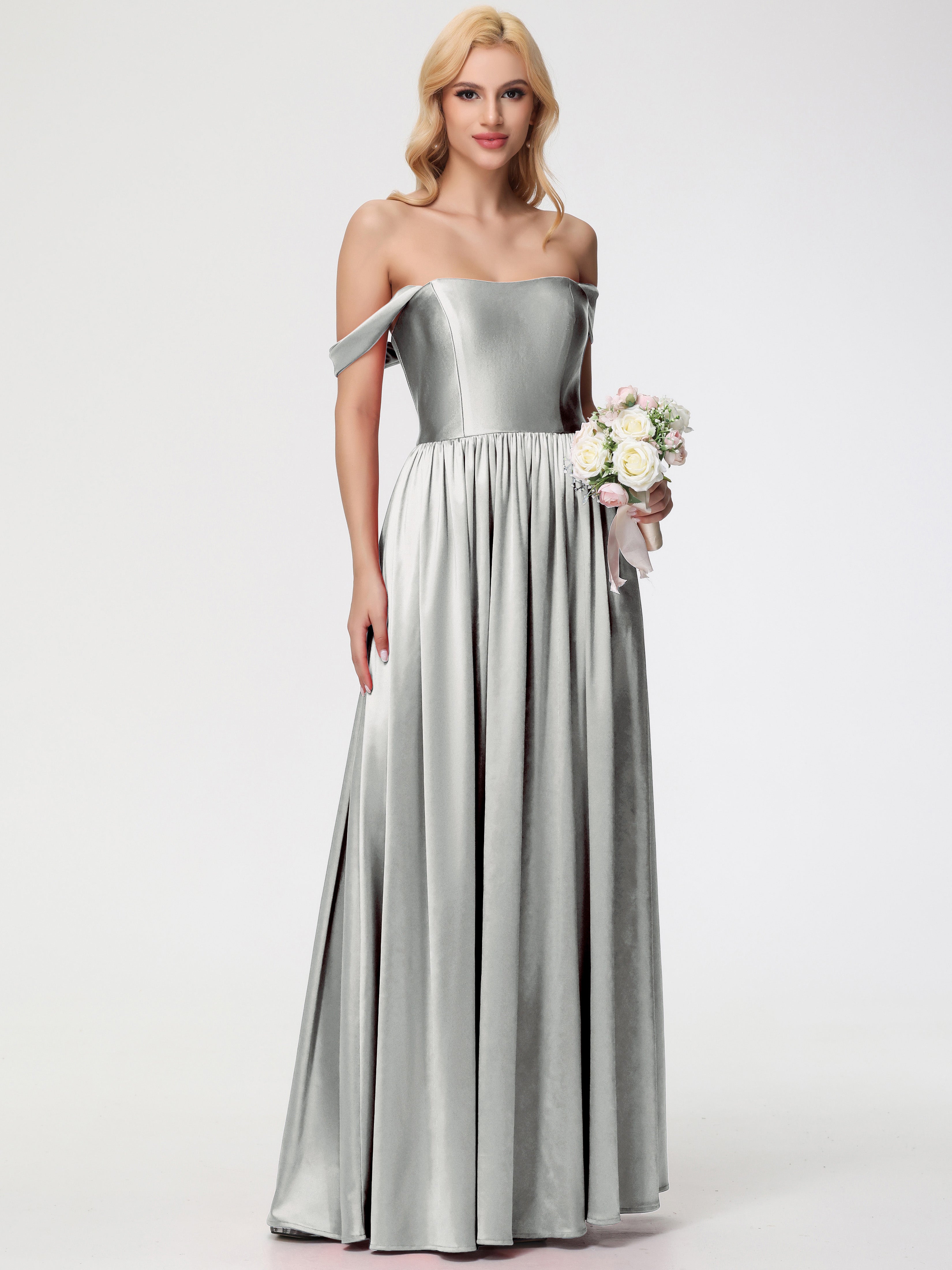 Silver Dresses Prom Off The Shoulder A-Line Strapless Long Stretch Sat