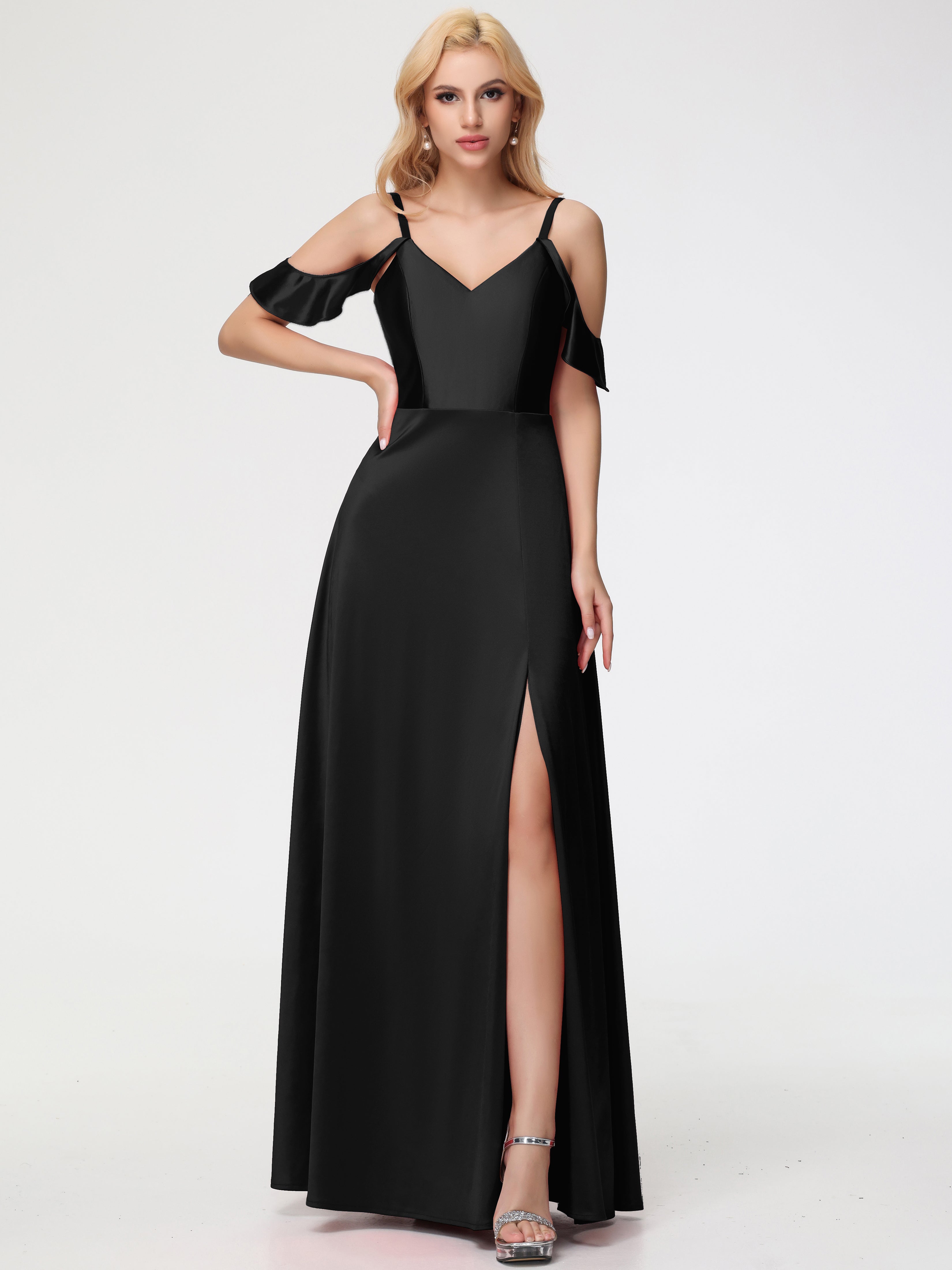 Wedding Black Bridesmaid Dresses A-Line Straps V-Neck Floor Length Spl Wedding Black Bridesmaid Dresses A-Line Straps V-Neck Floor Length Spl