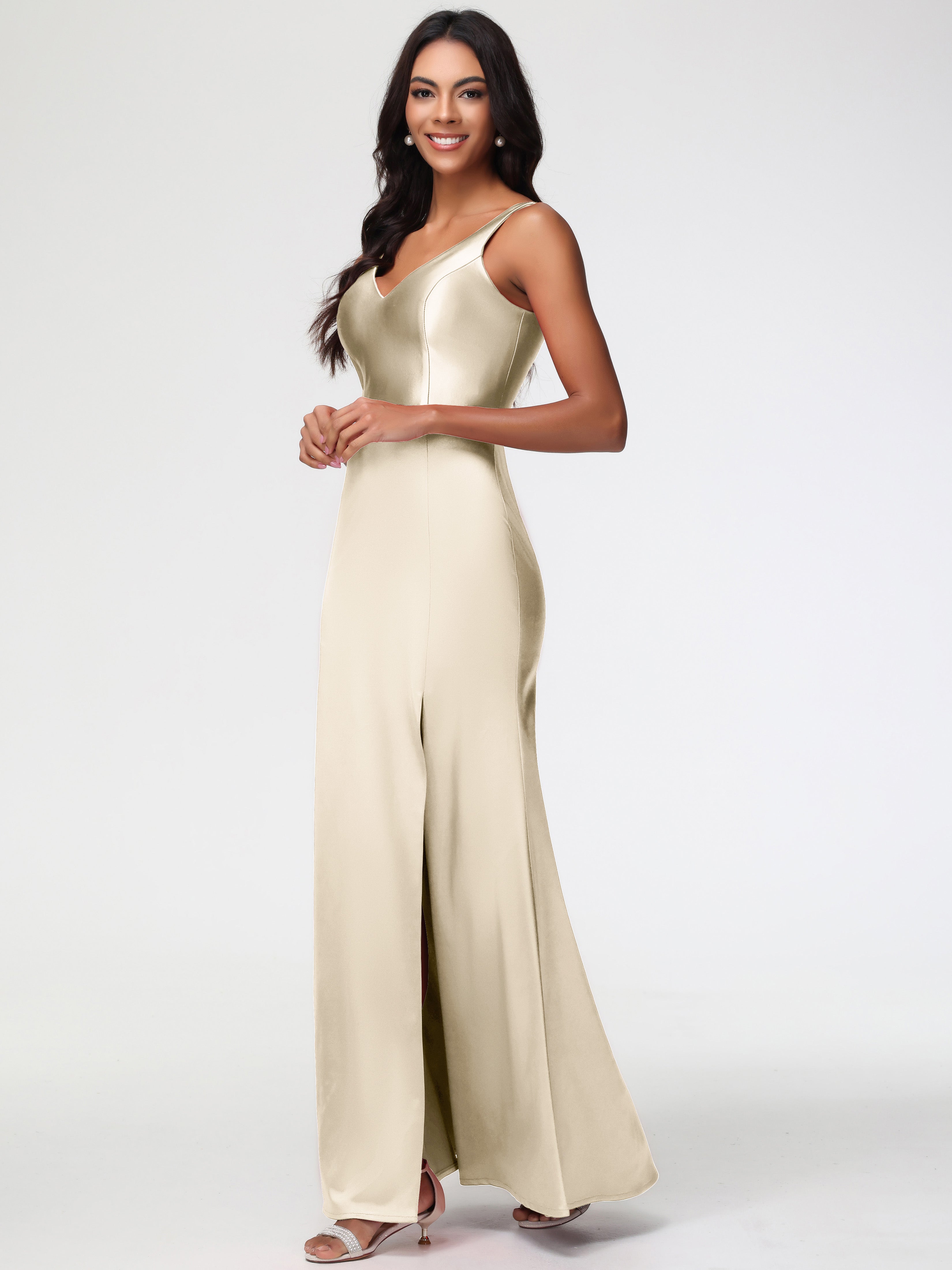 Prom Dress Champagne Colour Elegant Sleeveless Sheath/Column V-Neck Fl