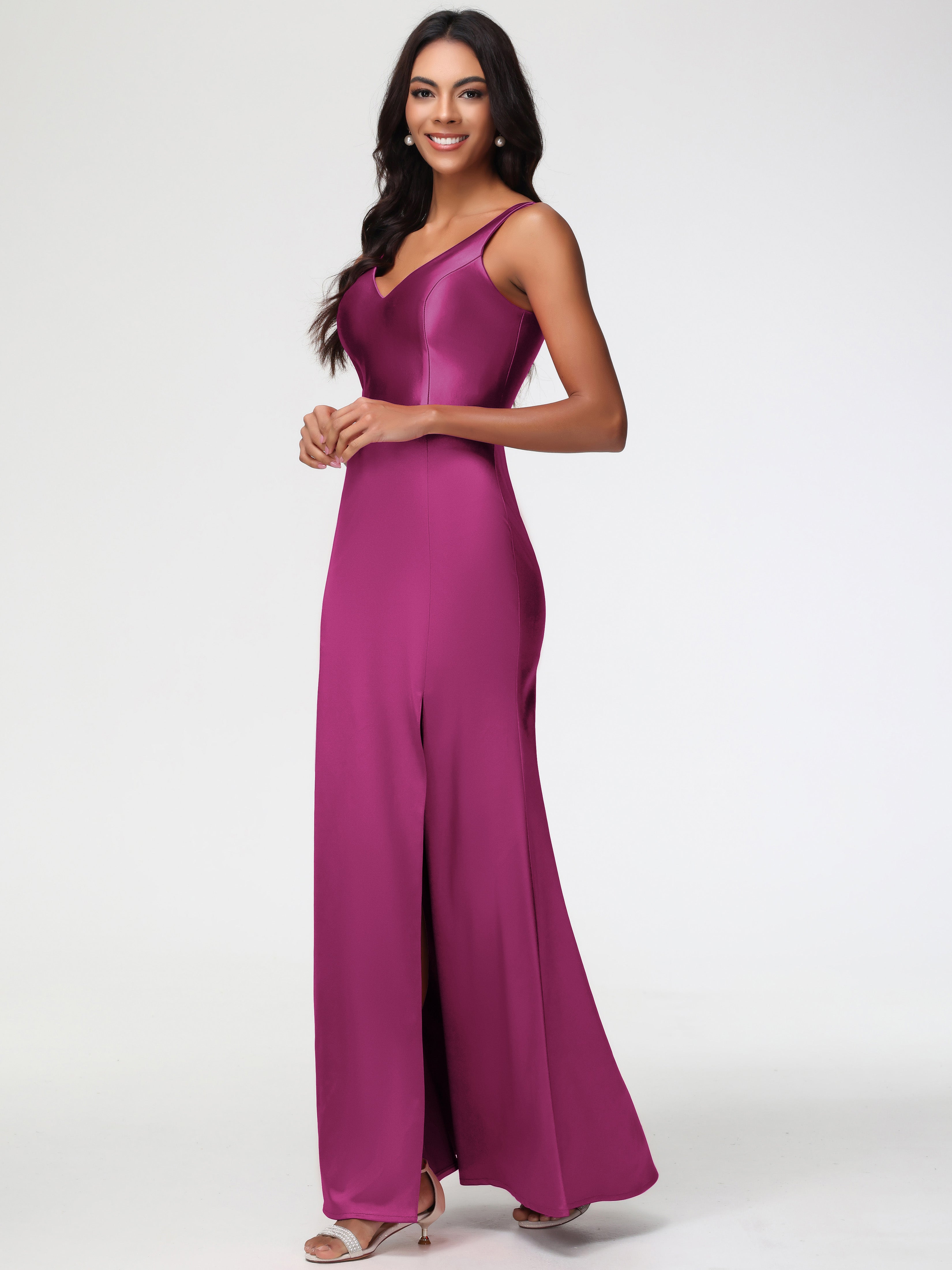 Long Fuchsia Prom Dresses Elegant Sleeveless Sheath/Column V-Neck Floor Length Stretch Satin Prom Dress Long Fuchsia Prom Dresses Elegant Sleeveless Sheath/Column V-Neck Floor Length Stretch Satin Prom Dress