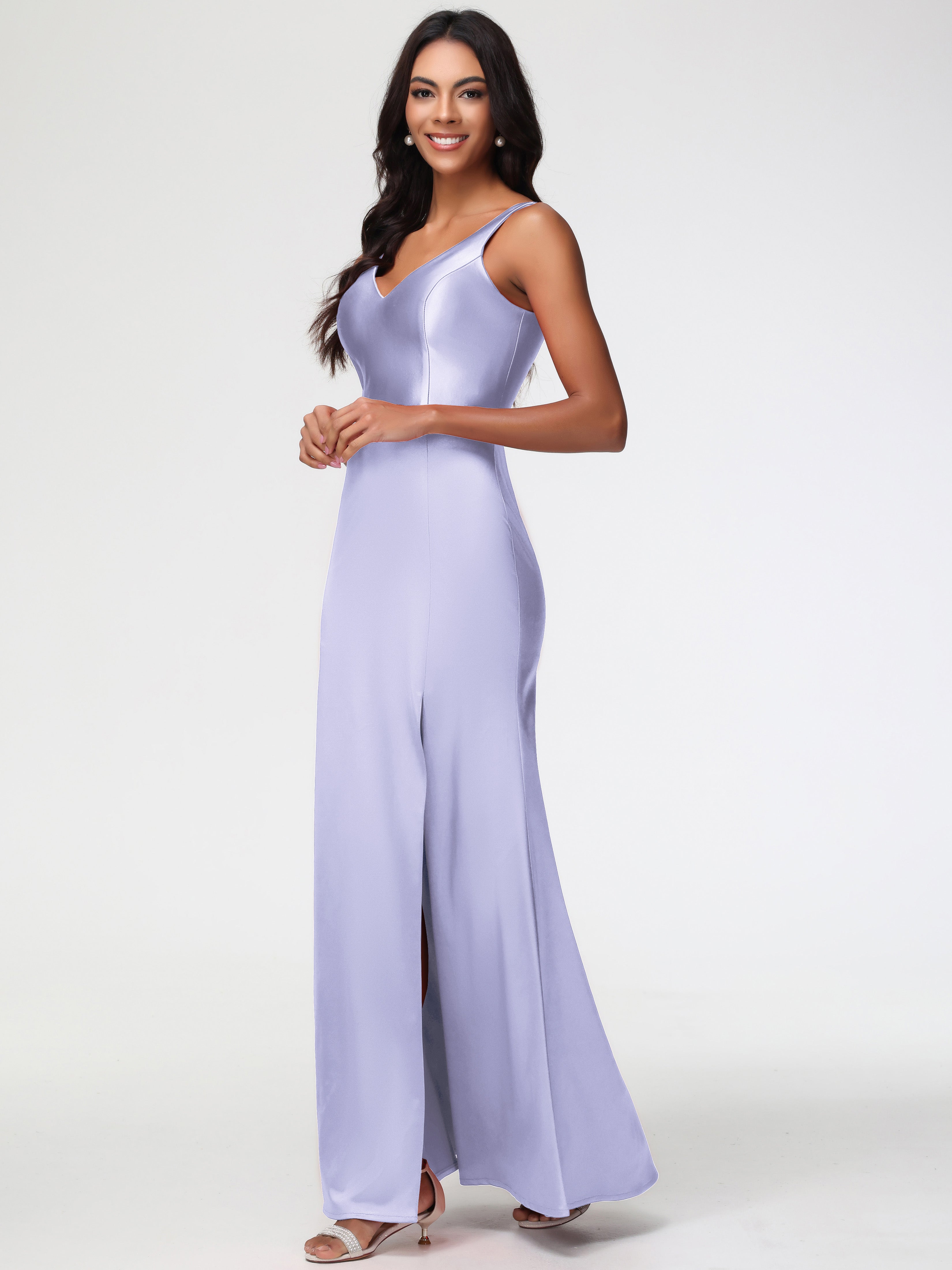 Modest Lavender Prom Dresses Elegant Sleeveless Sheath/Column V-Neck F