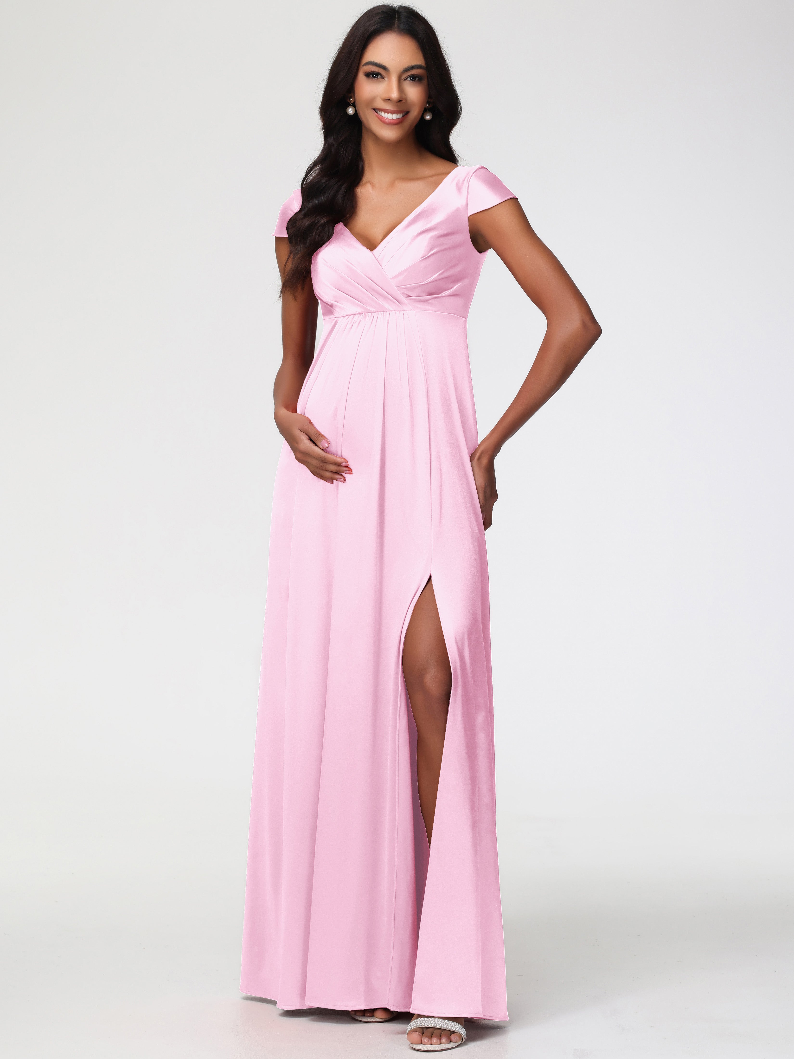 Blushing Pink Bridesmaid Dress V-Neck Minimalist Cap Sleeves A Line St