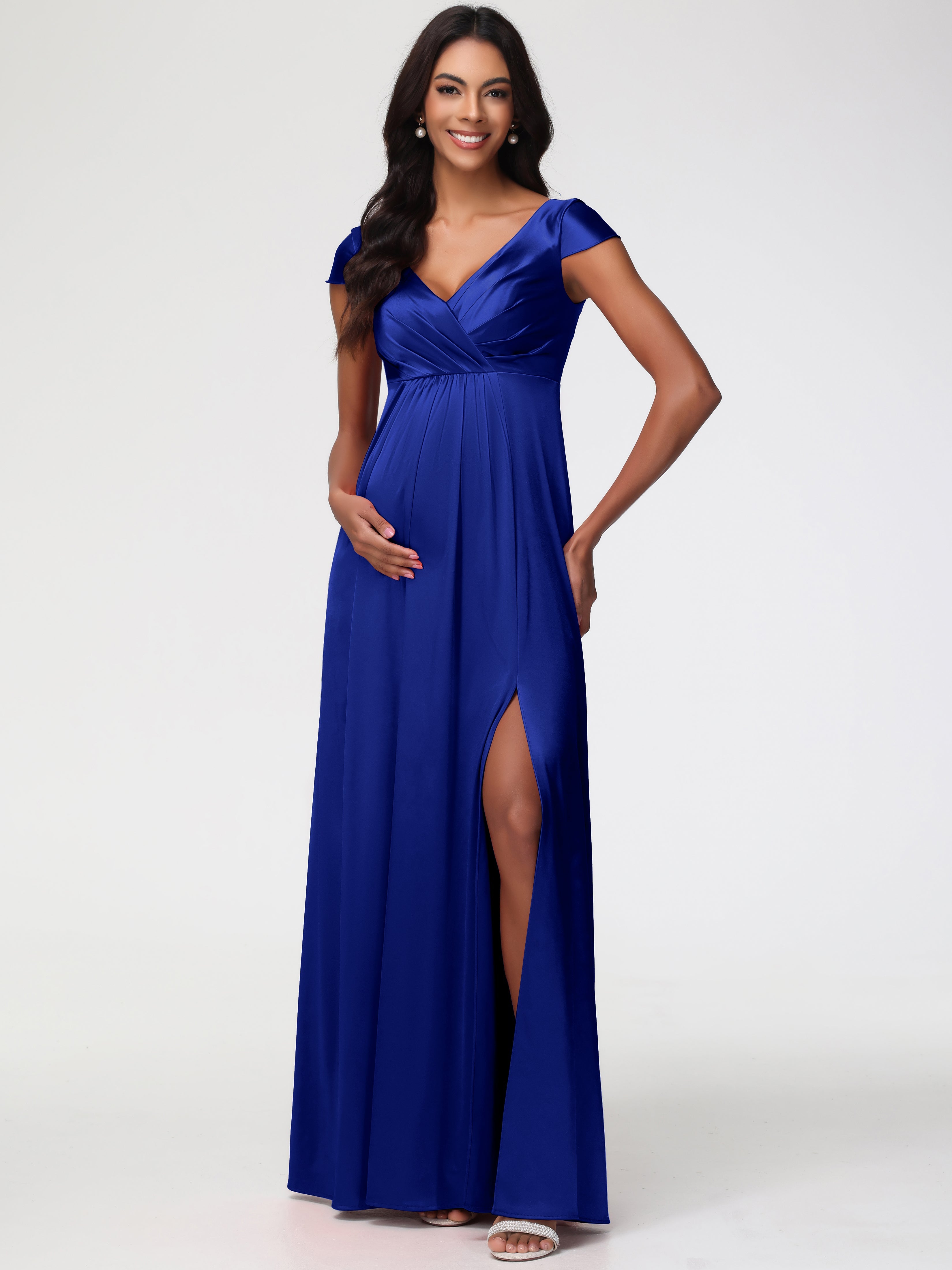 Royal Blue Bridesmaid Dresses Long V-Neck Minimalist Cap Sleeves A Lin