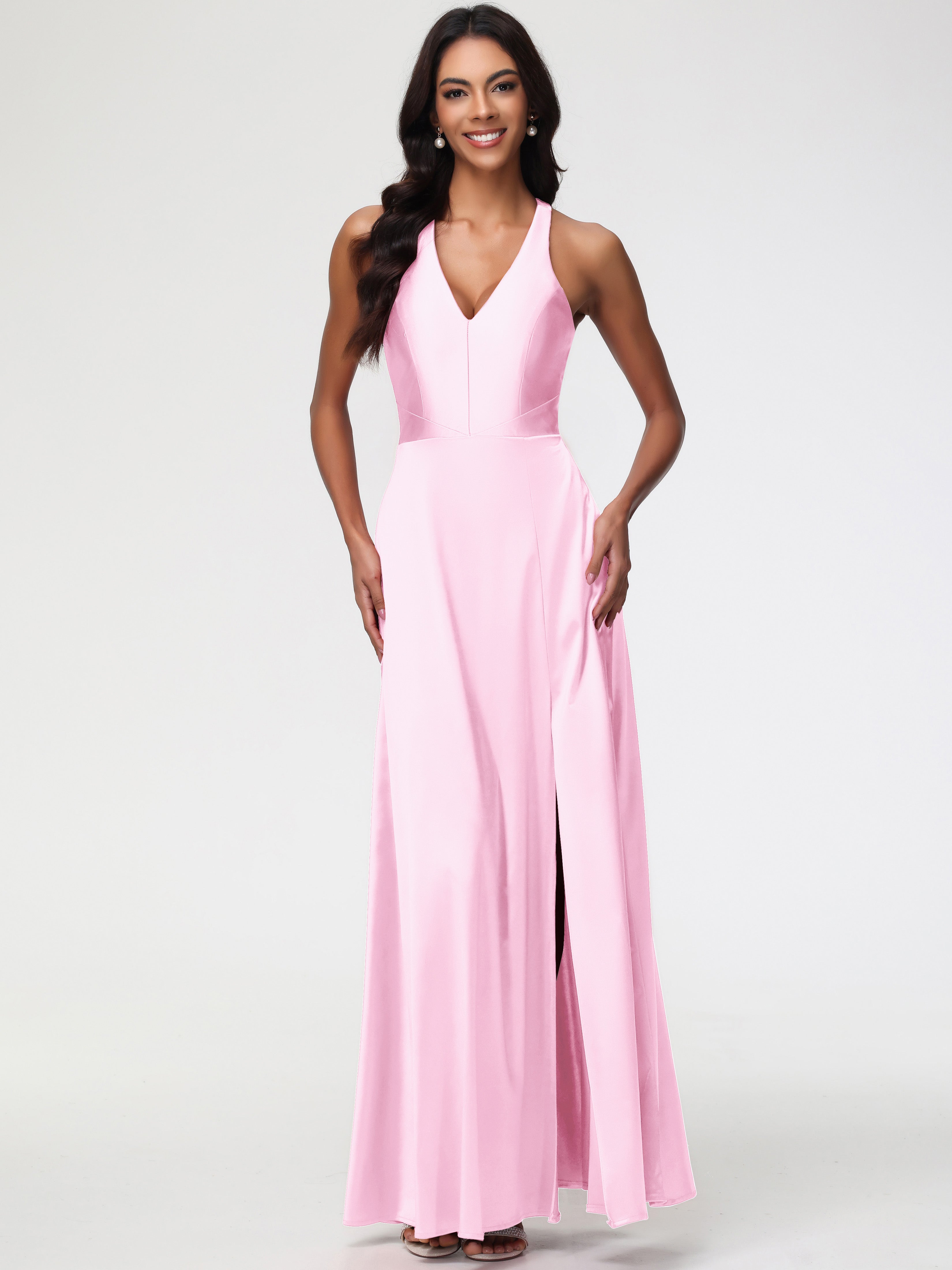Blush Pink Bridesmaid Dresses Elegant V-Neck A Line Slit Stretch Satin Blush Pink Bridesmaid Dresses Elegant V-Neck A Line Slit Stretch Satin