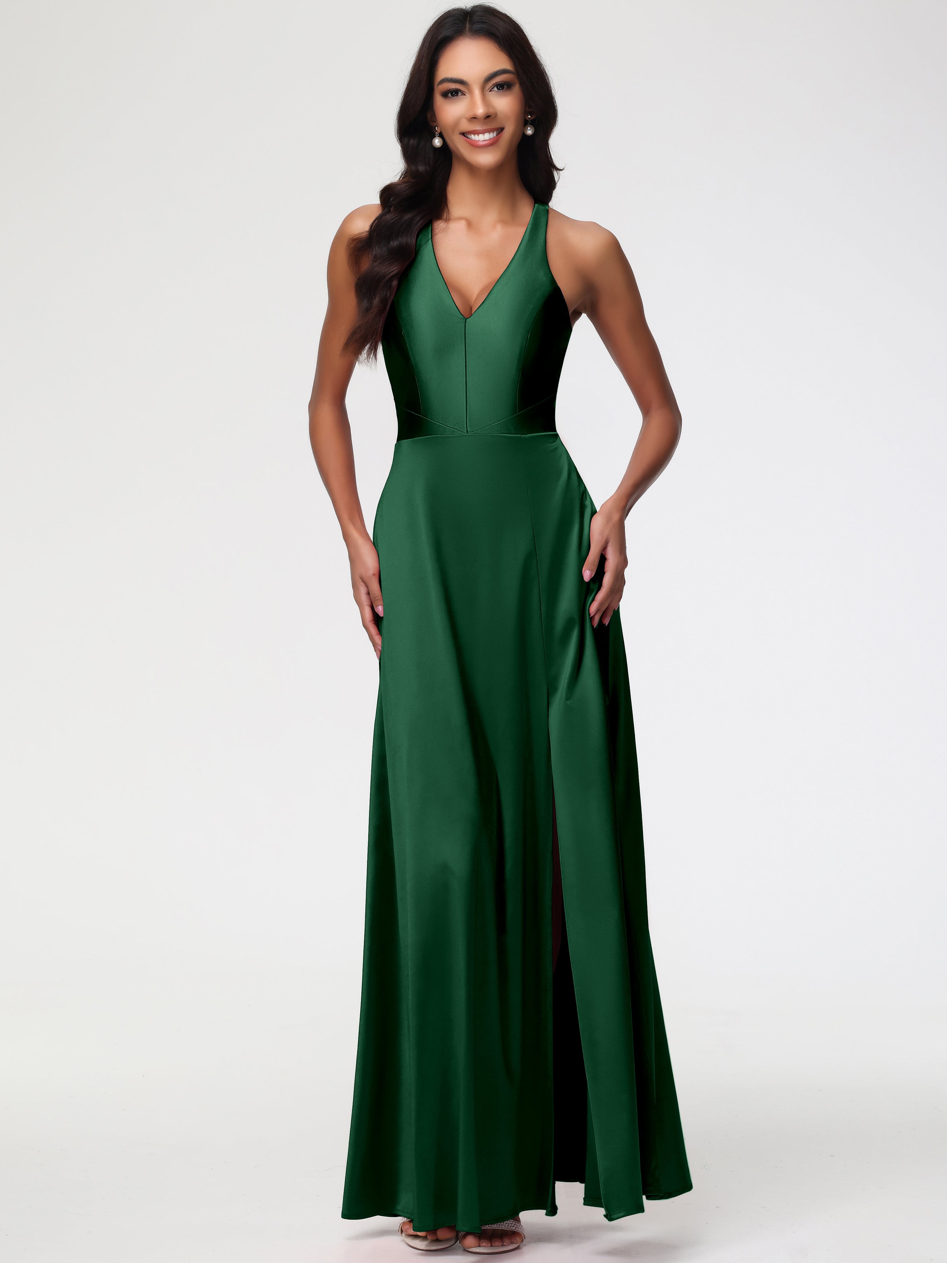 Wedding Dark Green Bridesmaid Dresses Elegant V-Neck A Line Slit Stret Wedding Dark Green Bridesmaid Dresses Elegant V-Neck A Line Slit Stret