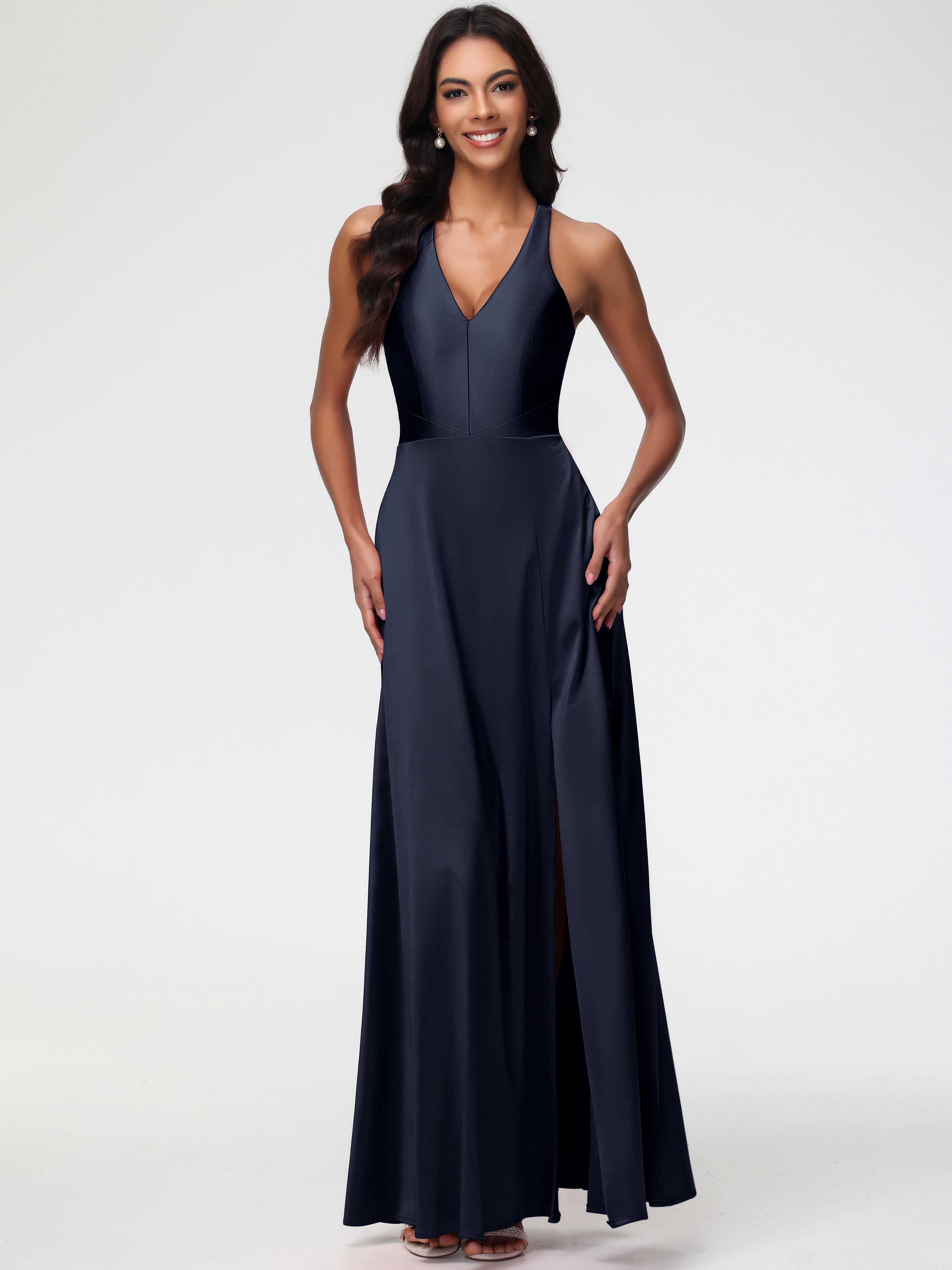 Dark Navy Bridesmaid Dresses Elegant V-Neck A Line Slit Stretch Satin Dark Navy Bridesmaid Dresses Elegant V-Neck A Line Slit Stretch Satin