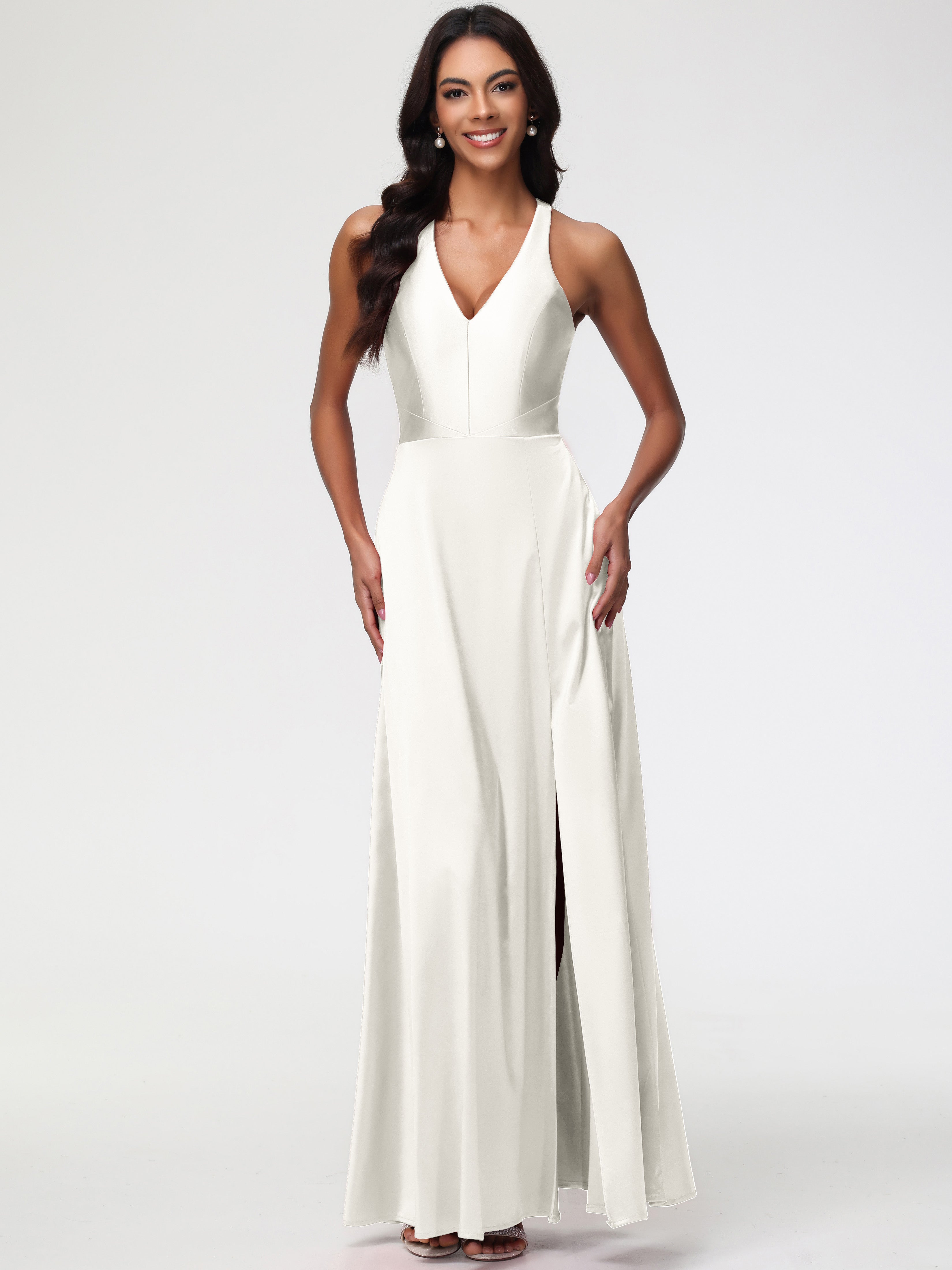 Ivory Prom Dress Elegant V-Neck A Line Slit Stretch Satin Long Prom Dr