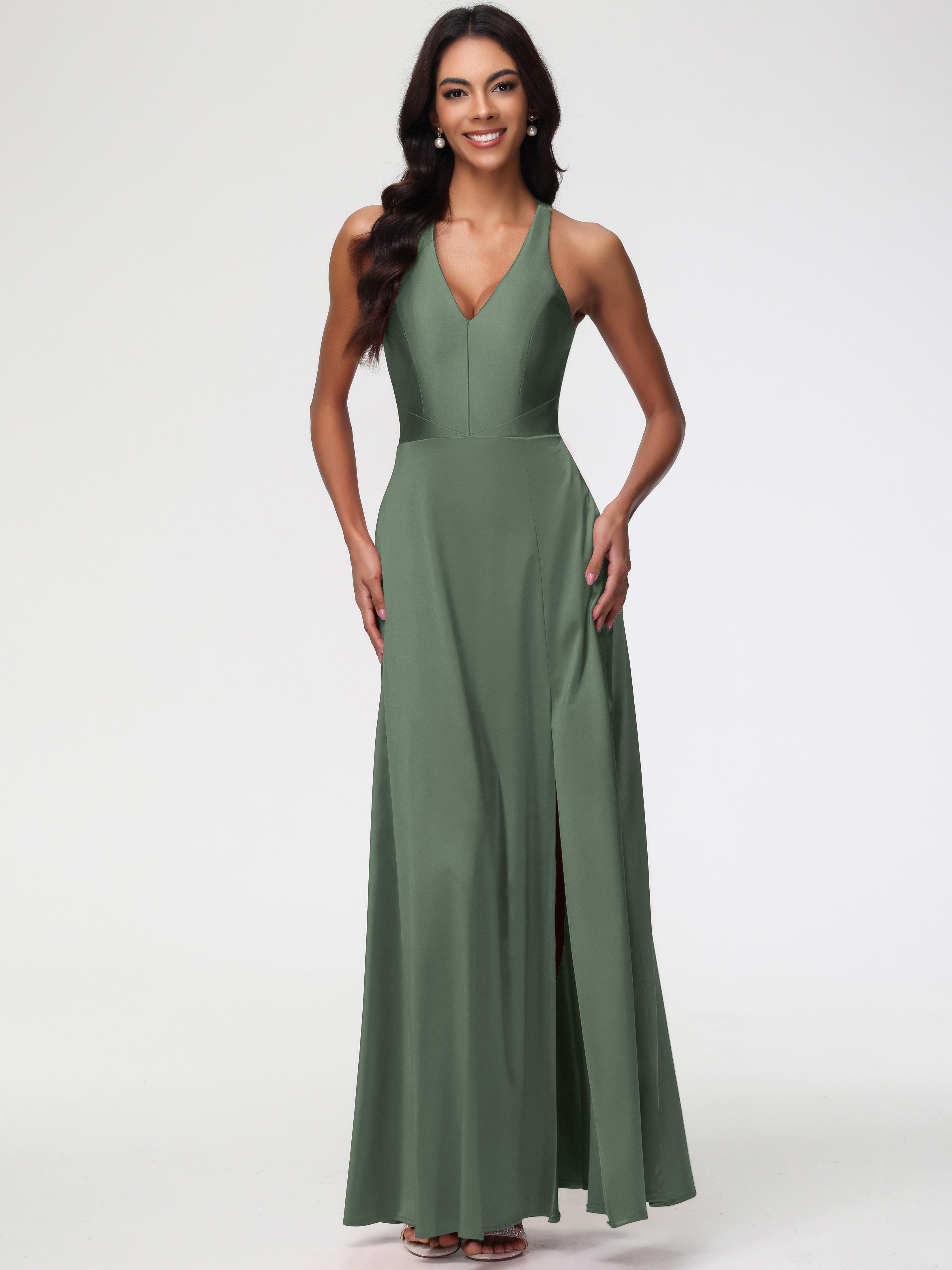 Olive Green Prom Dresses Elegant V-Neck A Line Slit Stretch Satin Long
