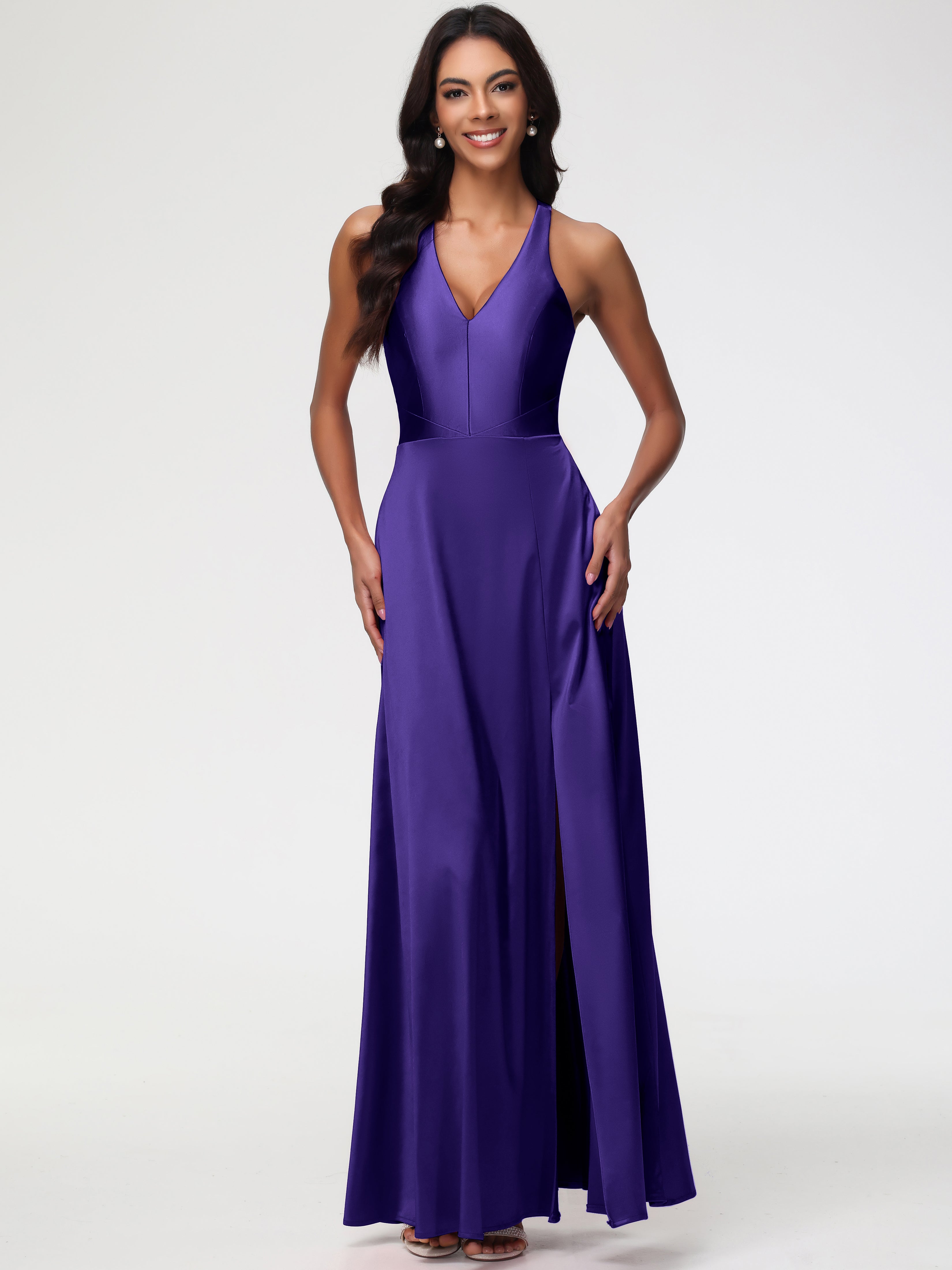 Regency Purple Prom Dresses Elegant V-Neck A Line Slit Stretch Satin L Regency Purple Prom Dresses Elegant V-Neck A Line Slit Stretch Satin L