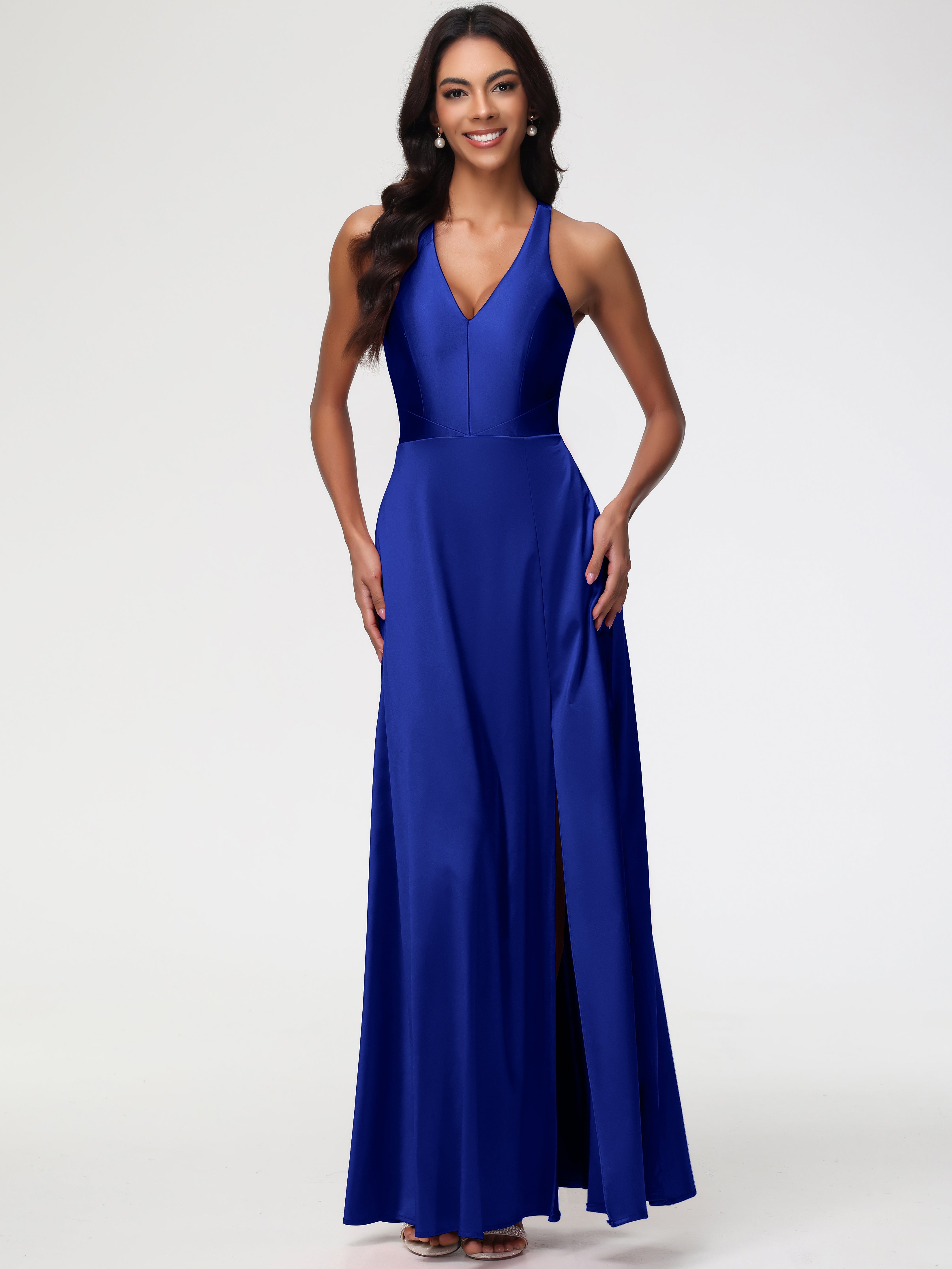 Royal Blue Prom Elegant V-Neck A Line Slit Stretch Satin Long Prom Dre