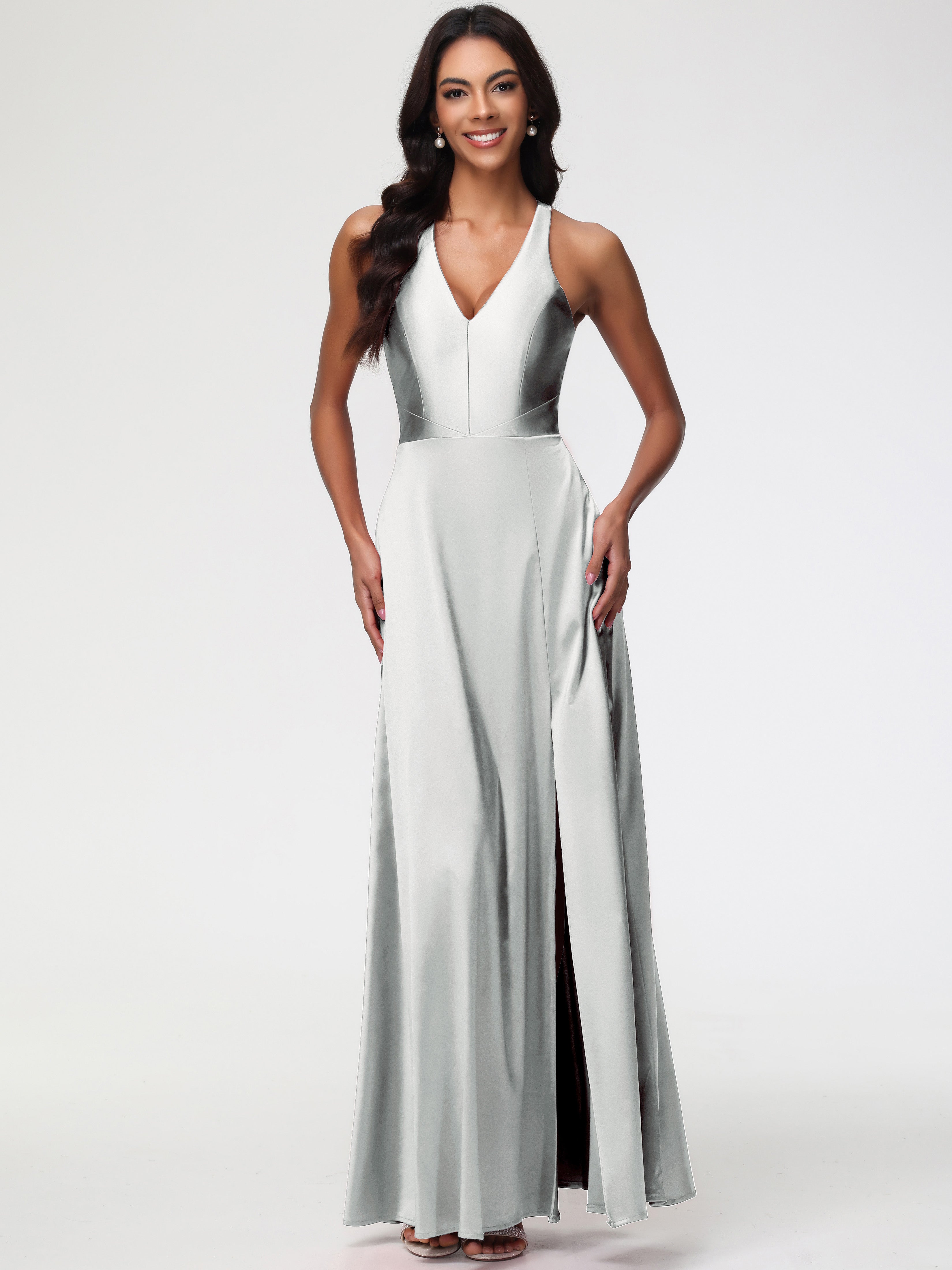 Bridesmaid Dresses Silver Elegant V-Neck A Line Slit Stretch Satin Lon Bridesmaid Dresses Silver Elegant V-Neck A Line Slit Stretch Satin Lon