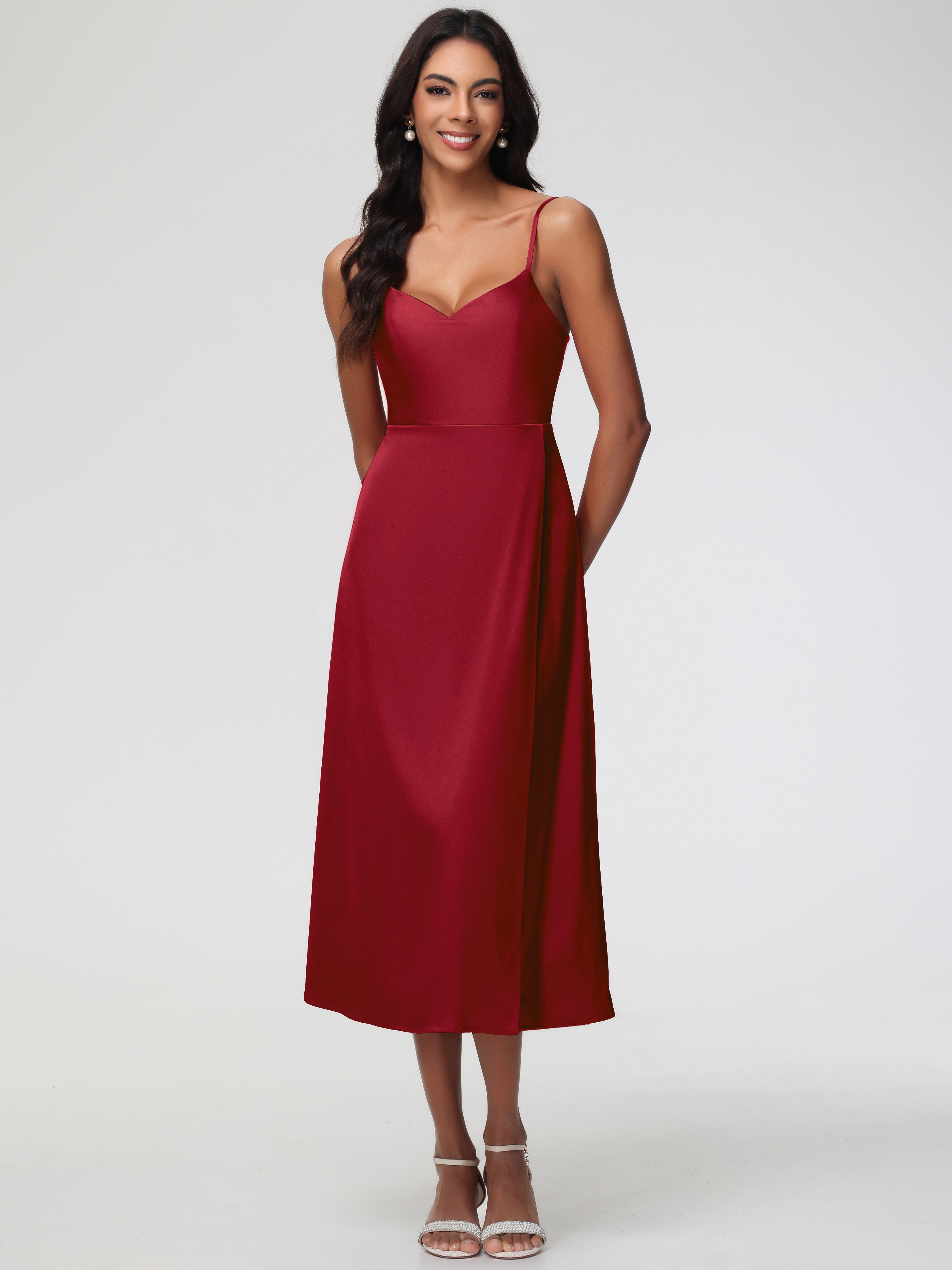 Elegant Burgundy Prom Dresses Spaghetti Straps Tea Length Back Zip Str