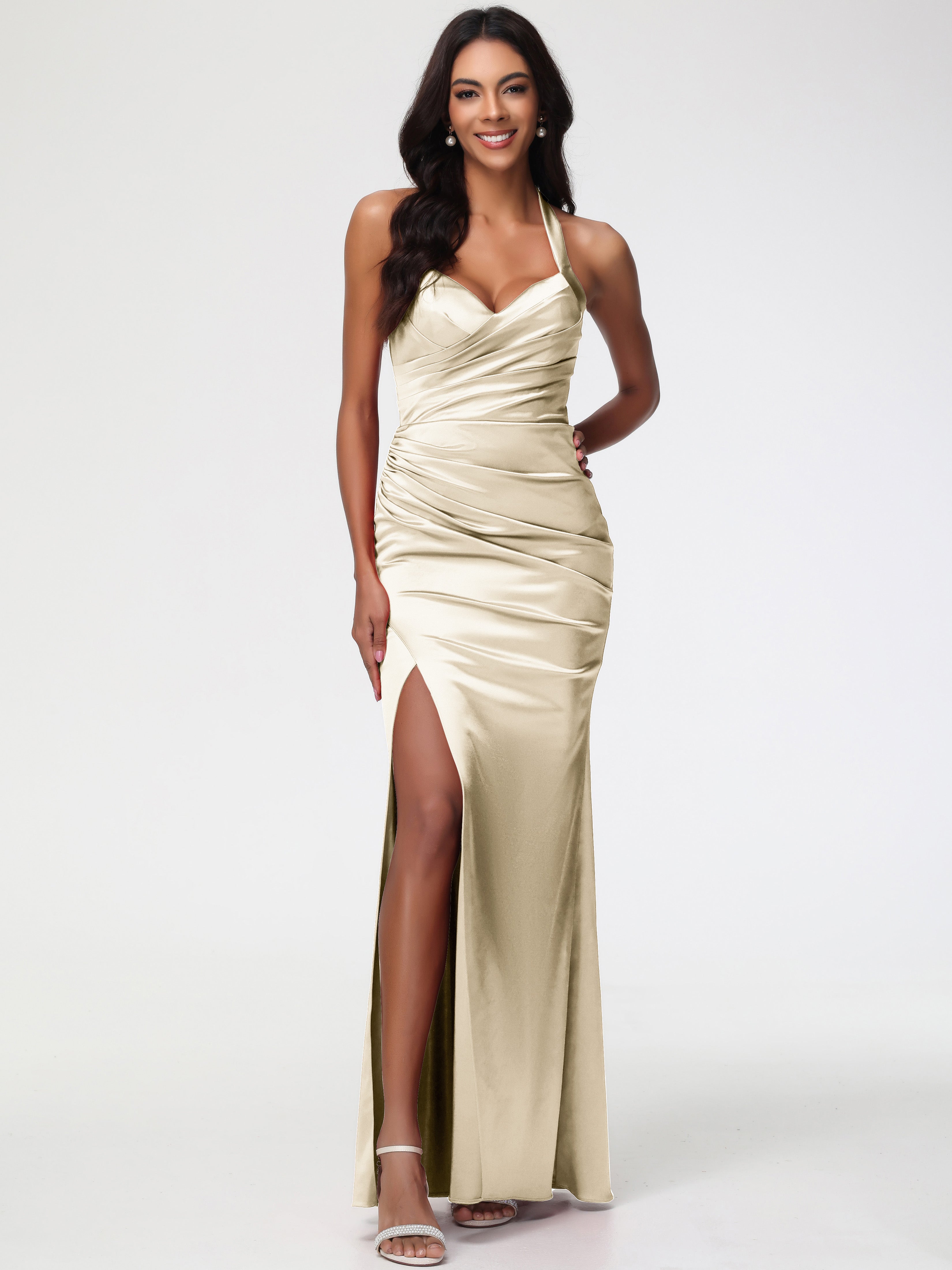 Champagne Colour Bridesmaid Dress Halter V-Neck Mermaid Ruched Floor L Champagne Colour Bridesmaid Dress Halter V-Neck Mermaid Ruched Floor L