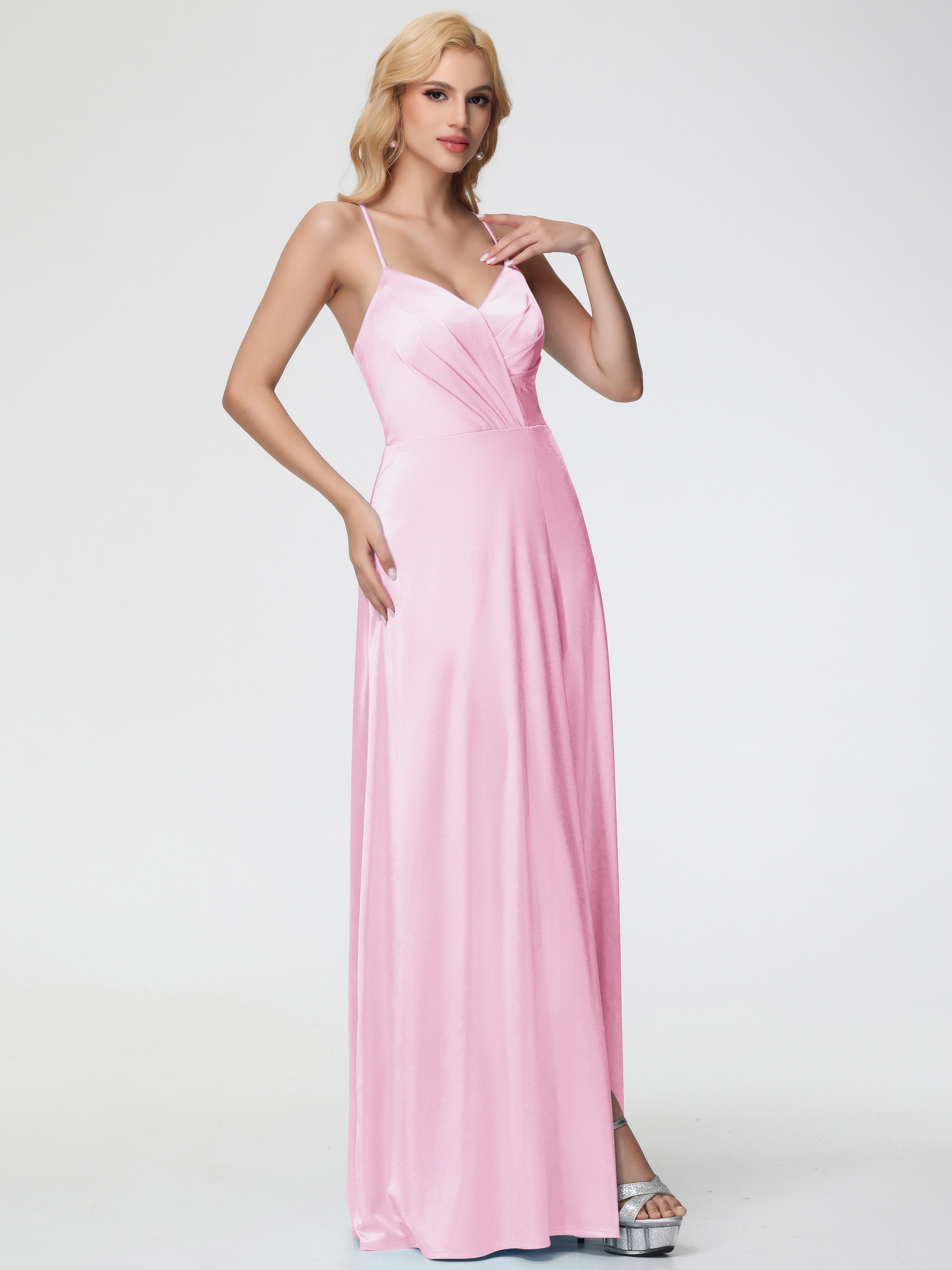 Blushing Pink Bridesmaid Dresses Floor Length A-Line Spaghetti Split S