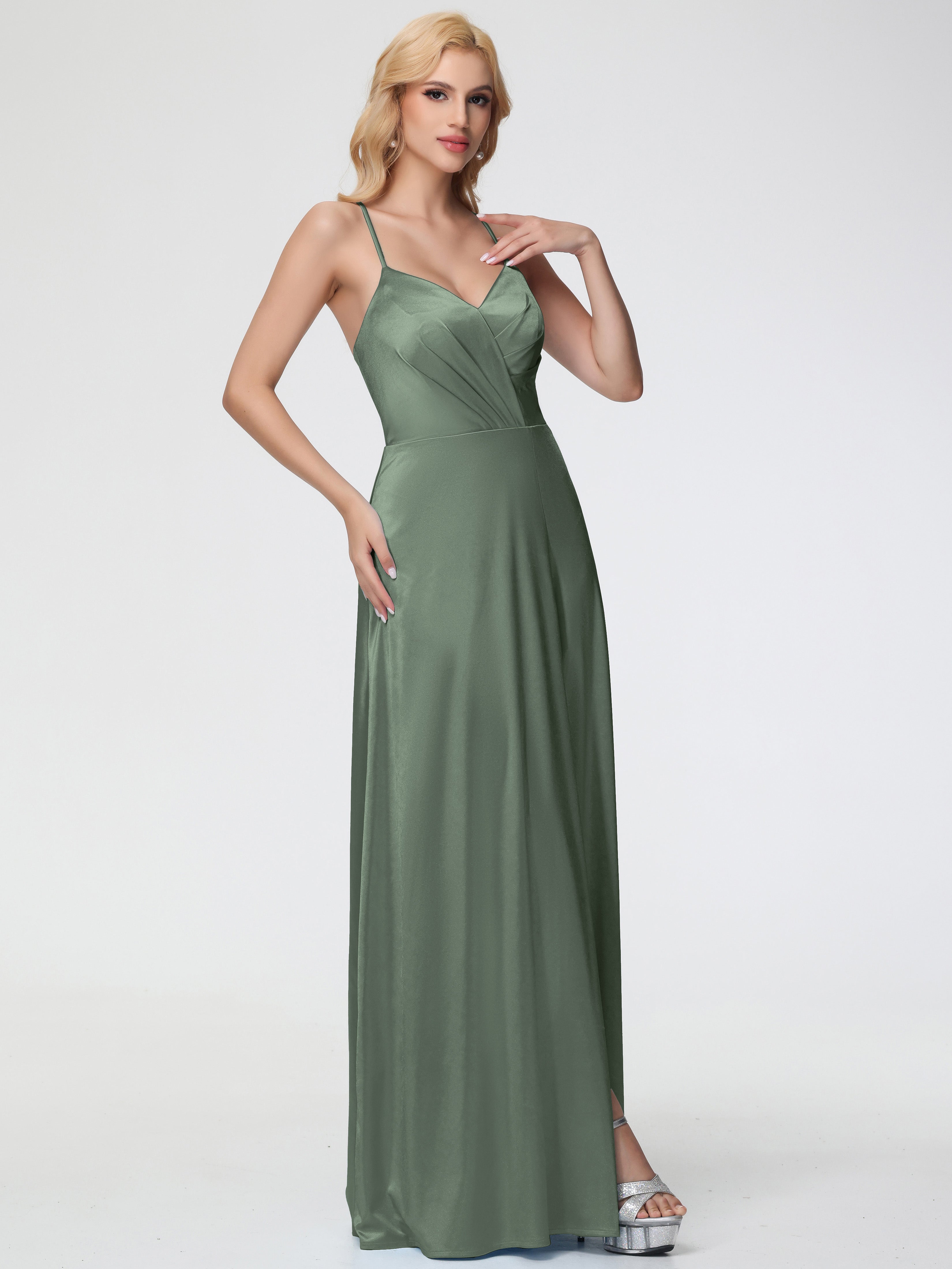 Satin Olive Green Bridesmaid Dress Floor Length A-Line Spaghetti Split