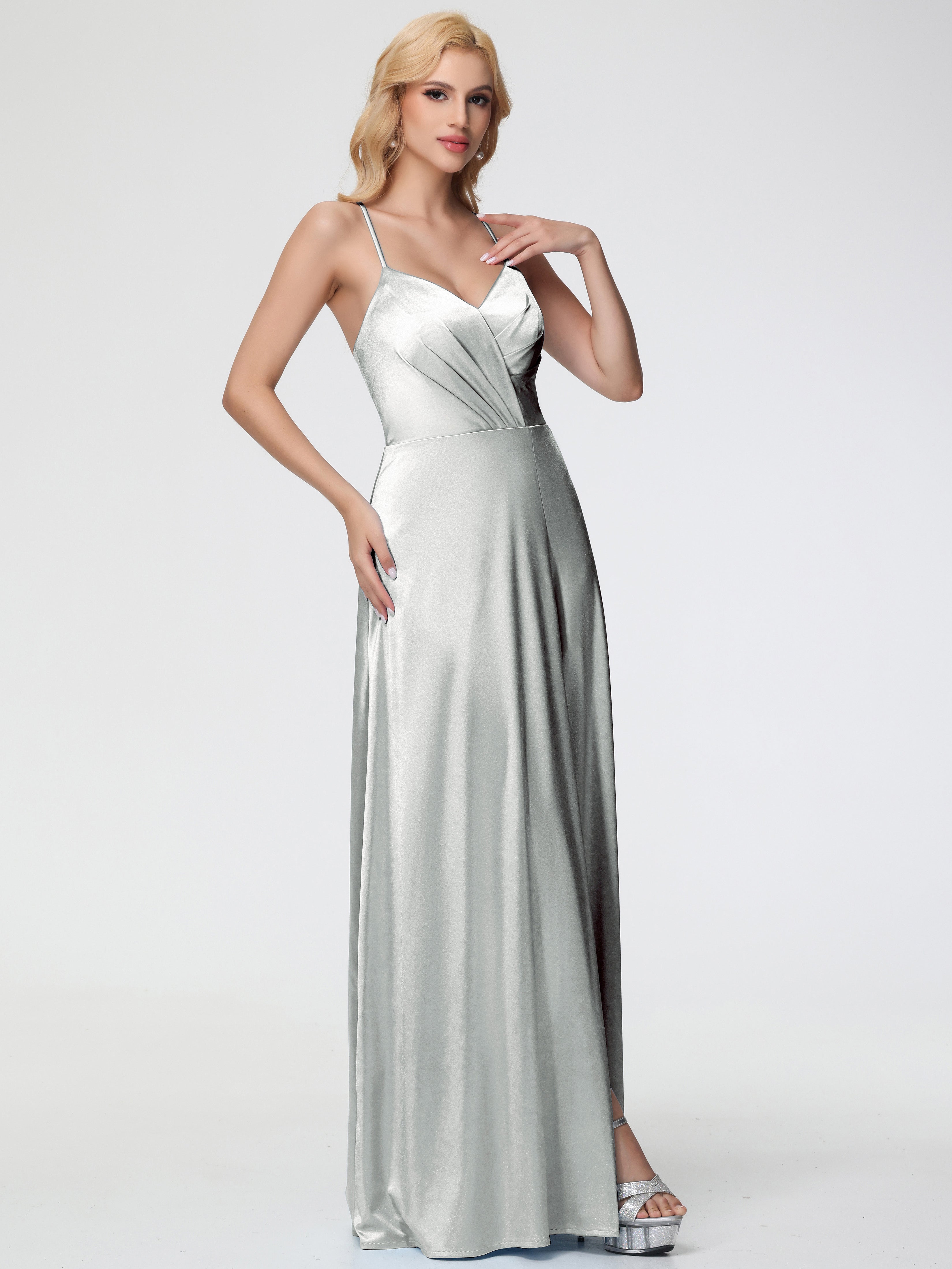 Silver Bridesmaid Dresses Long Floor Length A-Line Spaghetti Split Str