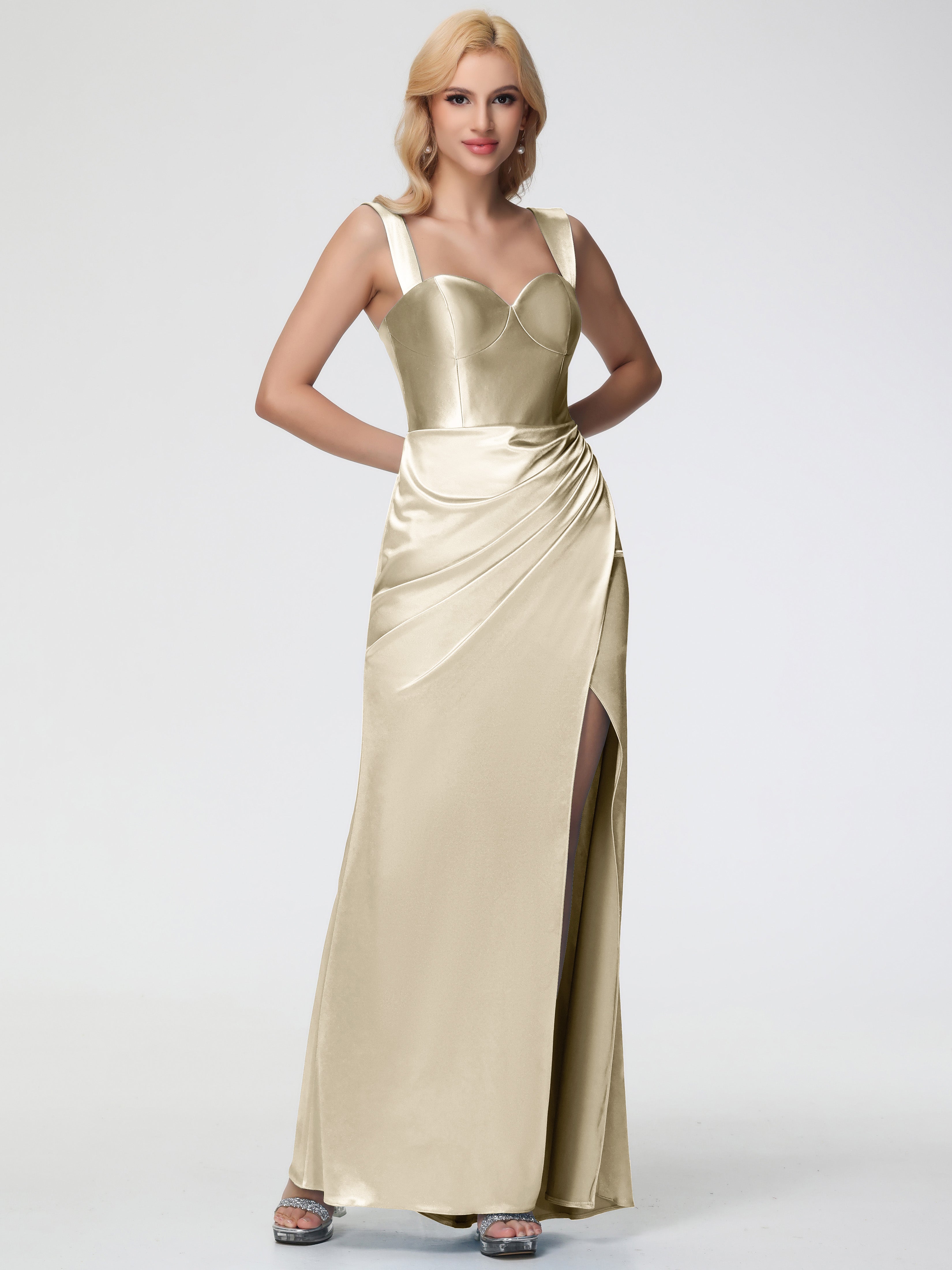 convertible dress champagne Women's Aurora Stretch Satin Convertible Dress in Champagne, Size 4, Recycled Polyester by Quince