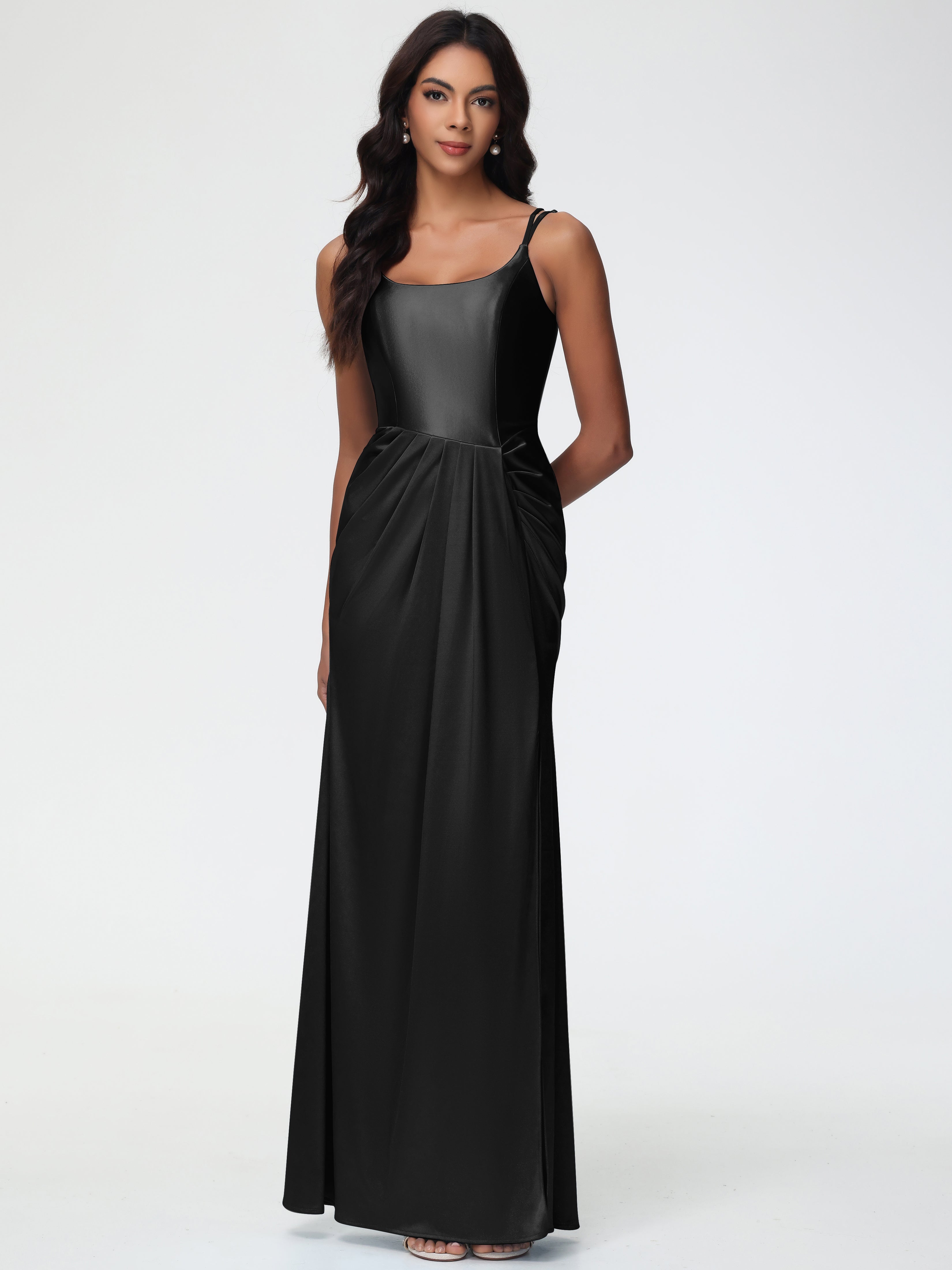 Black Bridesmaids Dress Chic Stretch Satin Sheath/Column Spaghetti Str