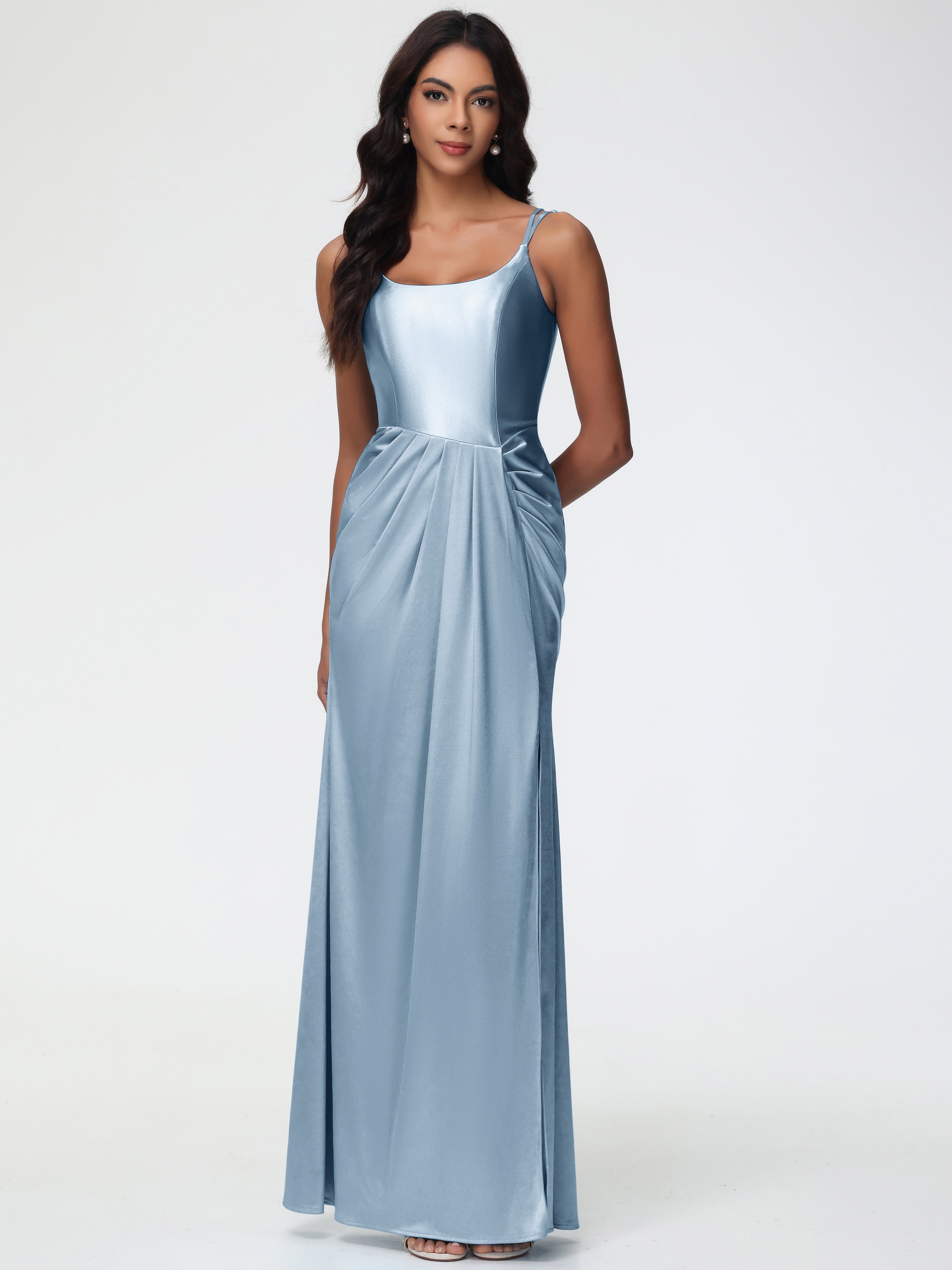 Satin Dusty Blue Bridesmaid Dresses Chic Stretch Satin Sheath/Column S